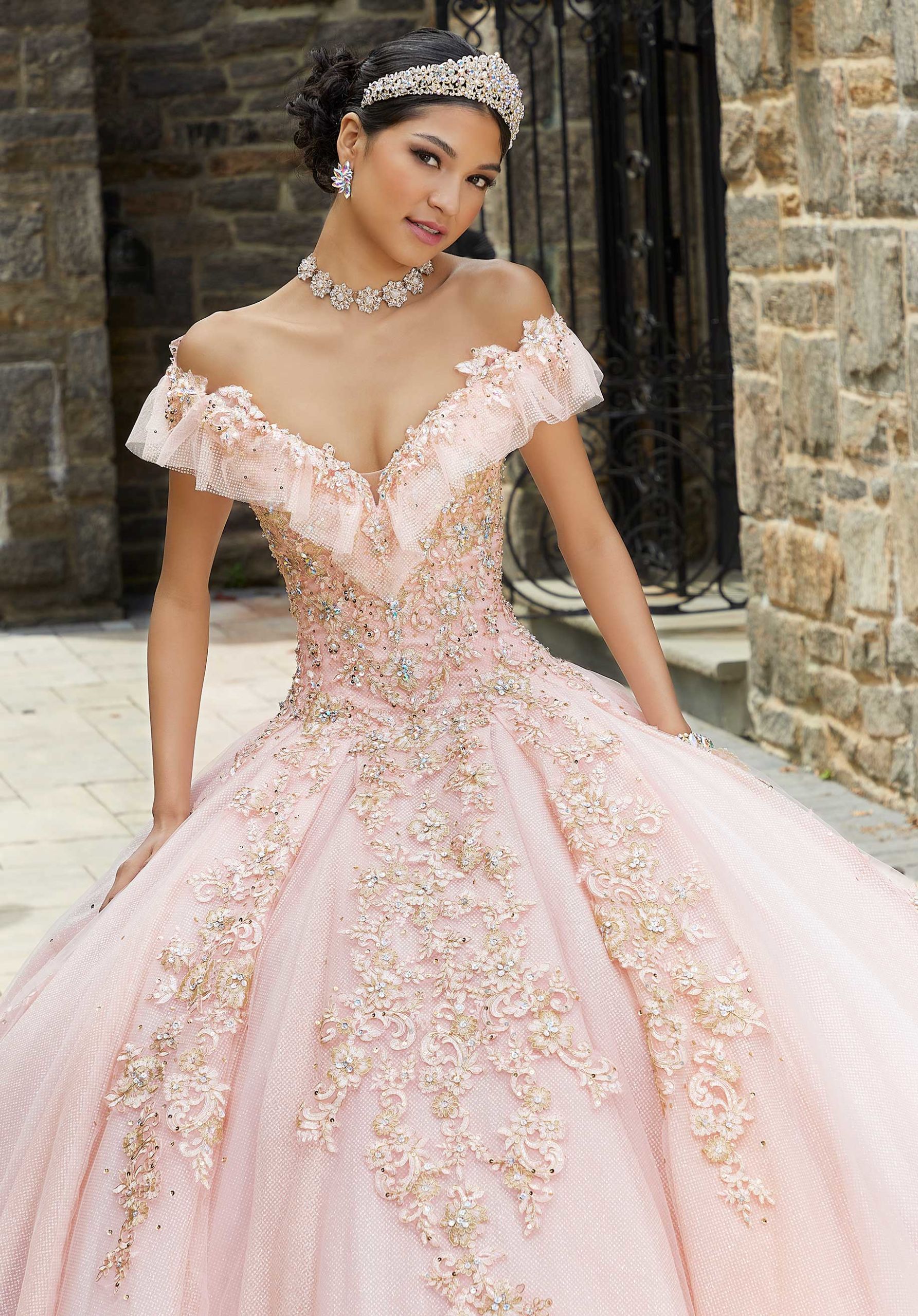 Off-the-Shoulder Floor-Length Tulle Quinceañera Ball Gown MGNY Madeline Gardner New York 89342