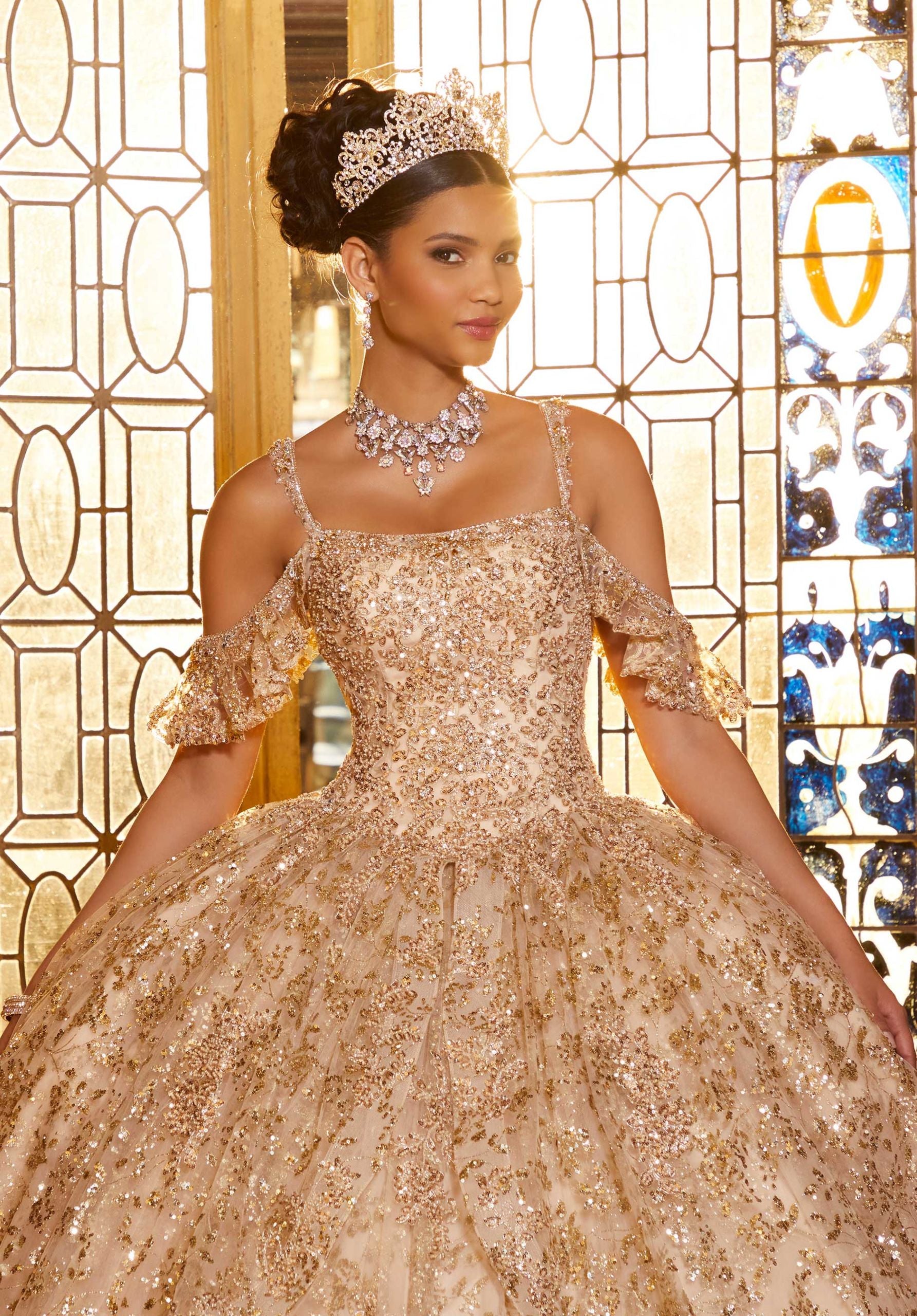 Cold-Shoulder Floor-Length Tulle Quinceañera Ball Gown MGNY Madeline Gardner New York 89346