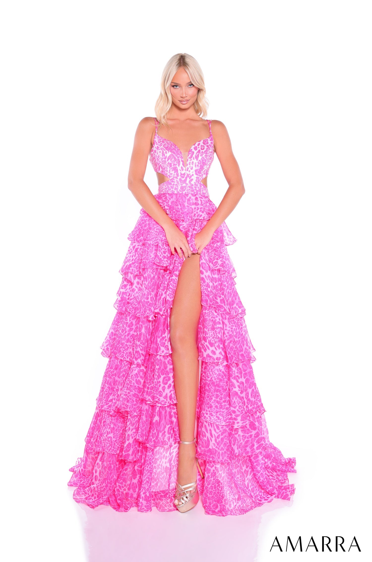 Prom Dresses Formal Evening Ruffle Long Prom Dress Fuchsia/Leopard/Print