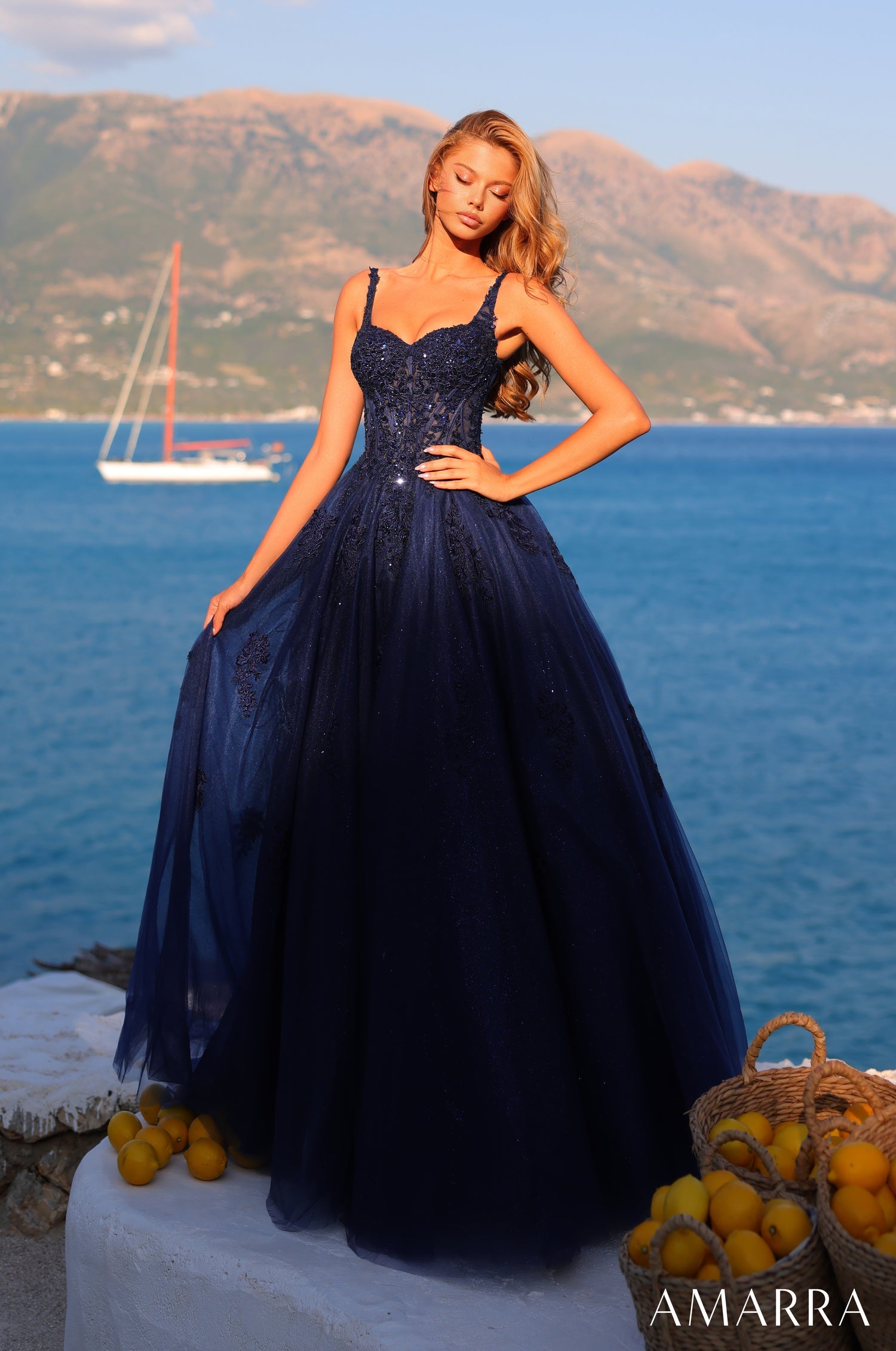 Prom Dresses Long Lace Glitter Corset Ball Gown Navy