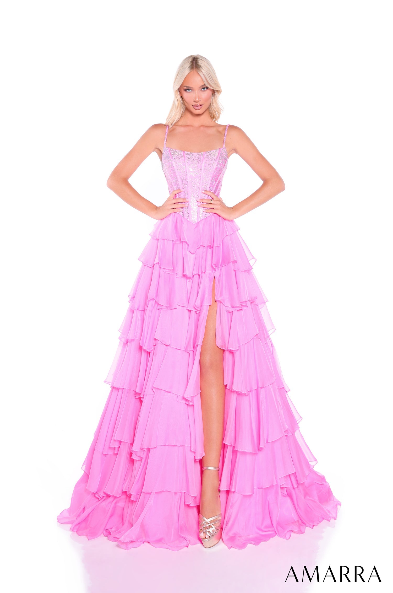 Prom Dresses Long Corset Prom Ruffle Beaded Dress Bright Pink