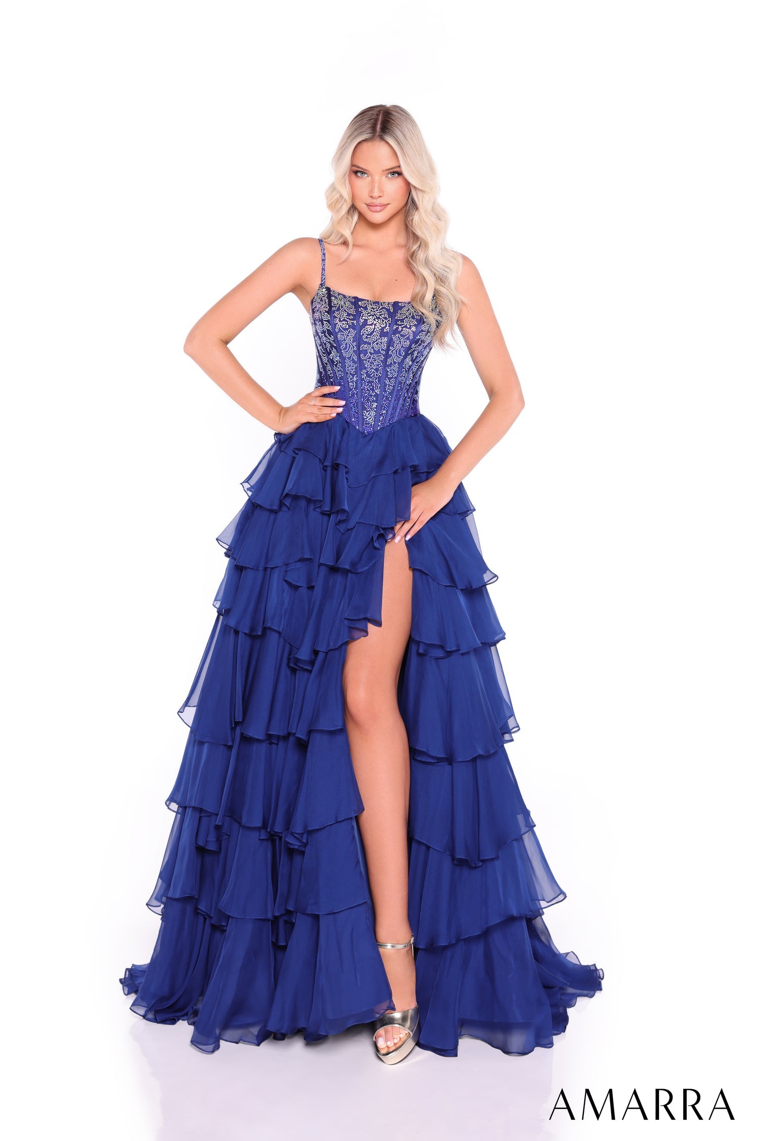 Prom Dresses Long Corset Prom Ruffle Beaded Dress Navy