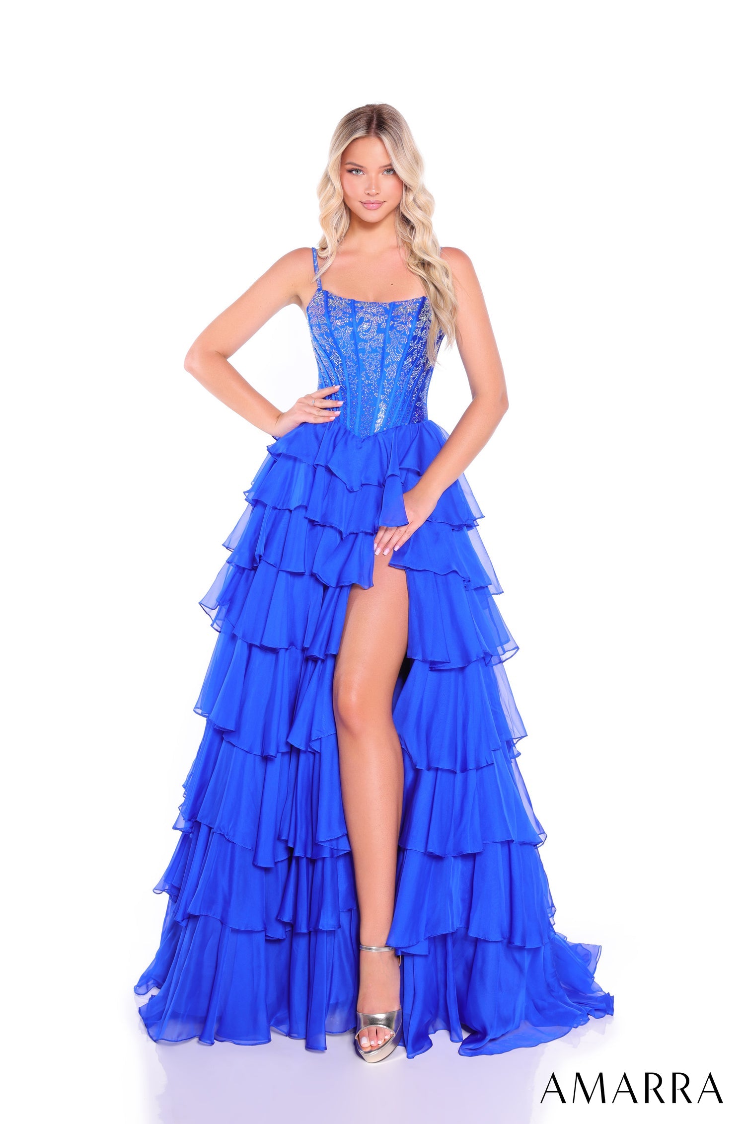 Amarra 89459 Long Corset Prom Ruffle Beaded Dress