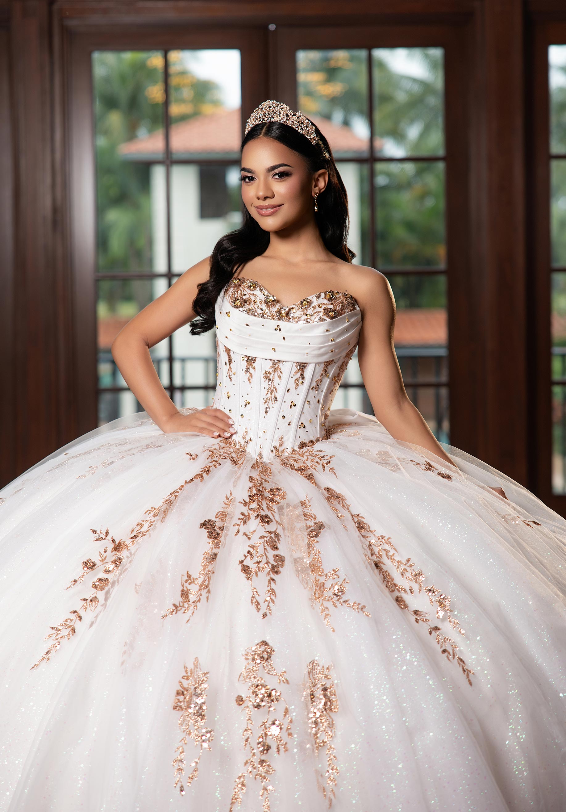 Strapless Curved Neck Floor-Length Tulle Quinceañera Ball Gown MGNY Madeline Gardner New York 89481