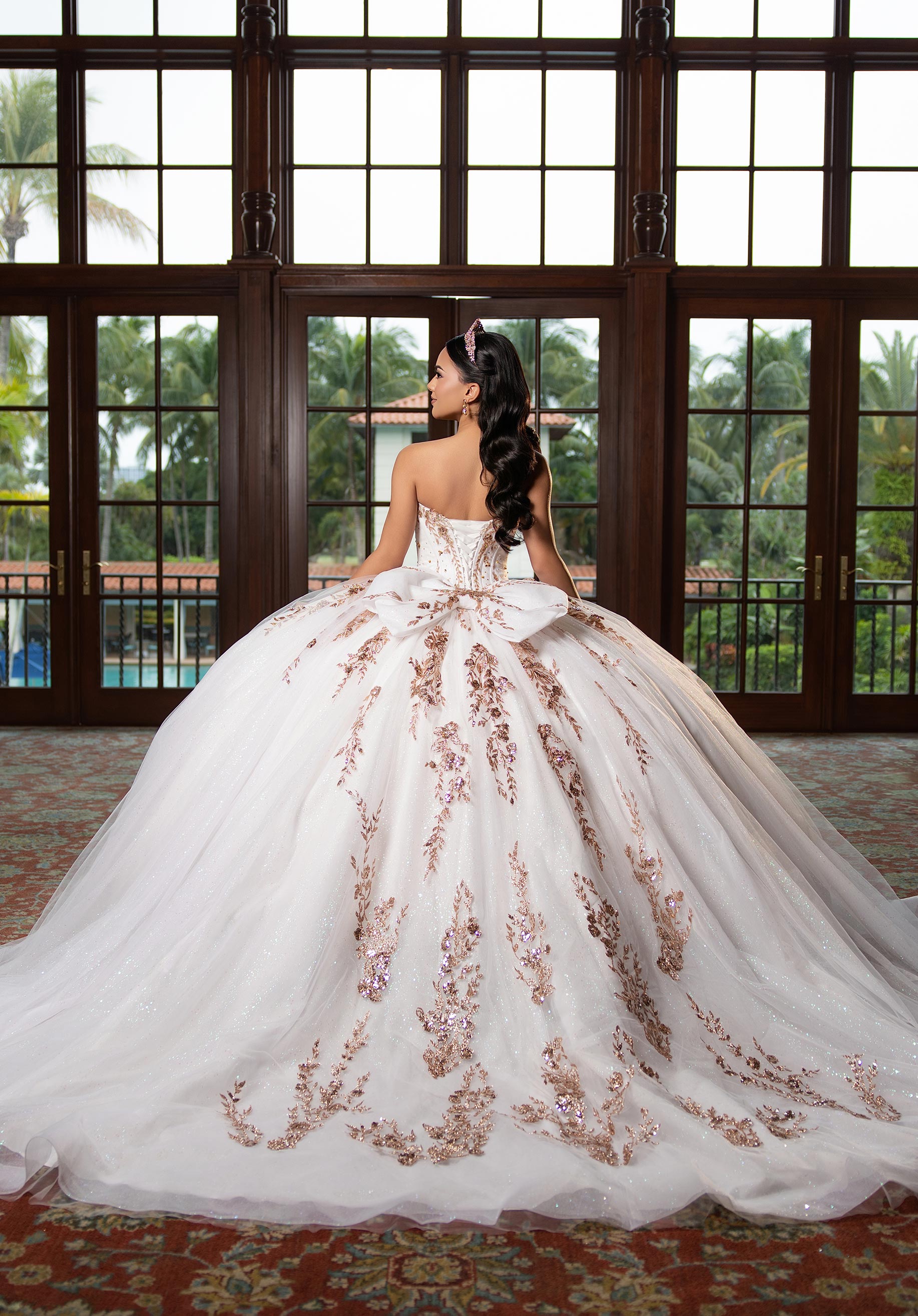 Strapless Curved Neck Floor-Length Tulle Quinceañera Ball Gown MGNY Madeline Gardner New York 89481