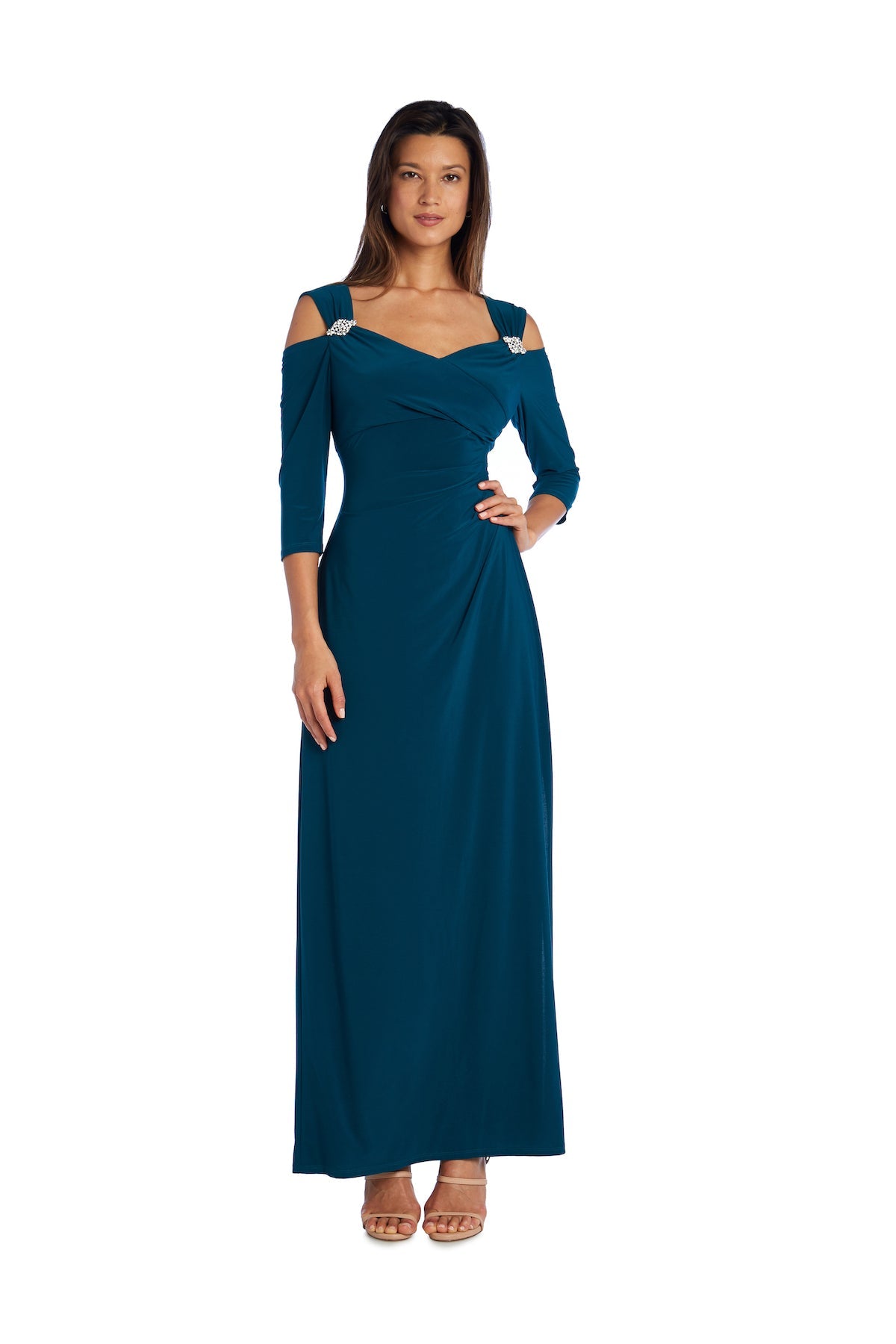 Cold Shoulder Long Jersey Evening Gown by Morgan & Co 8950P in Emerald