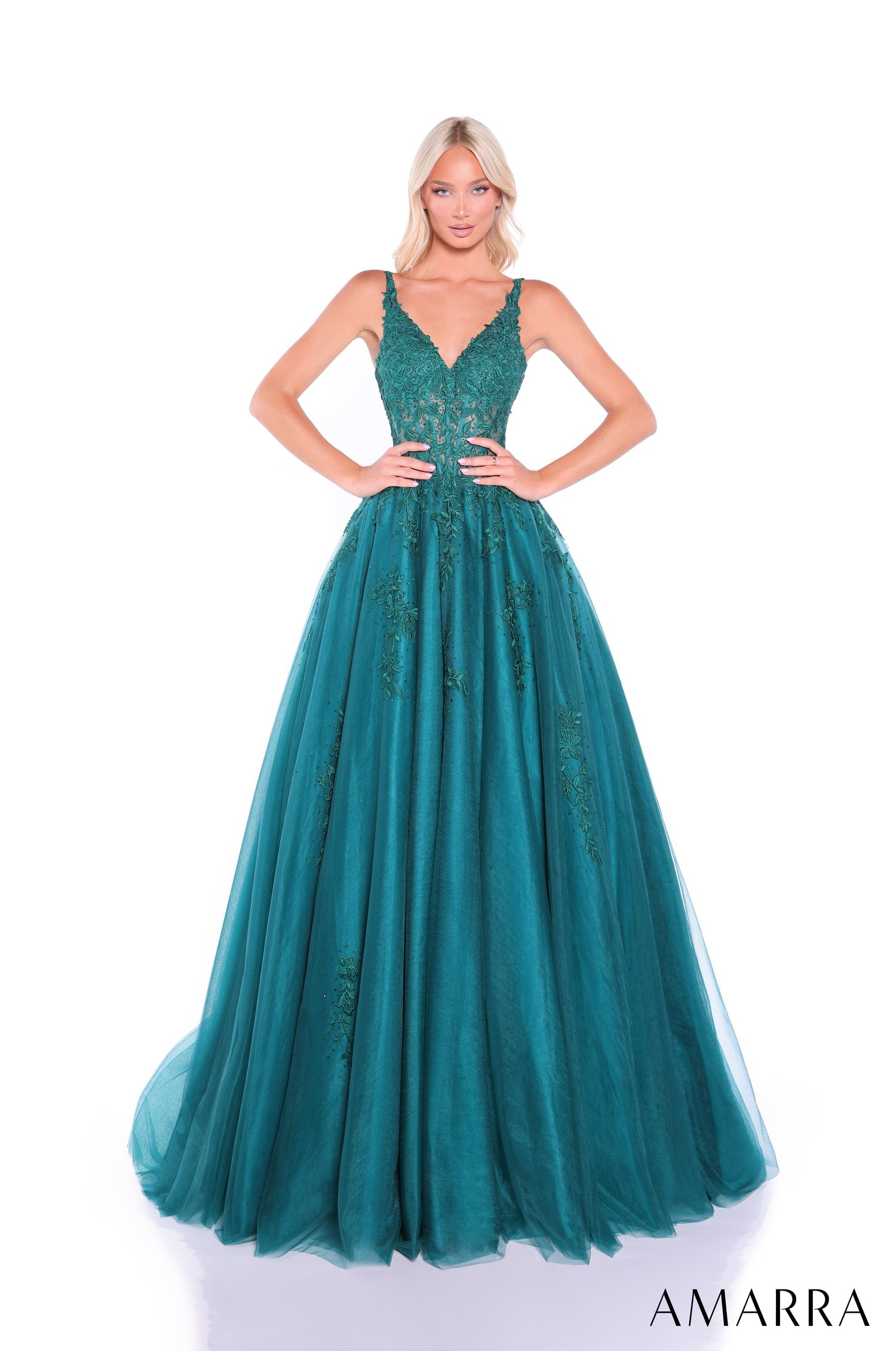 Prom Dresses Long Lace Applique Evening Ball Gown Emerald