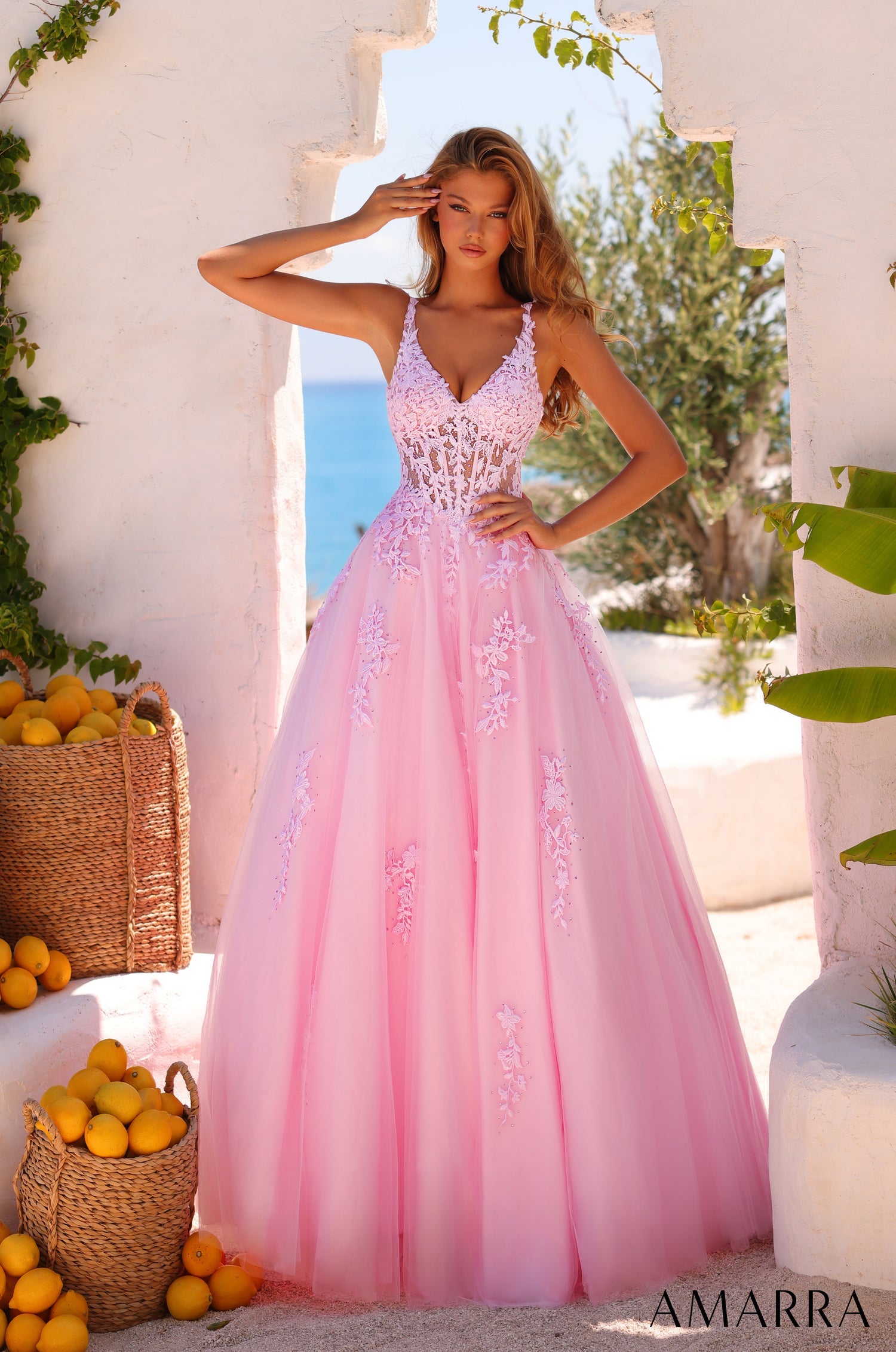 Adela Richer Girls' Lace High Neck Pageant Dress - Ball Gown Hi-Low With Appliques, Light Pink