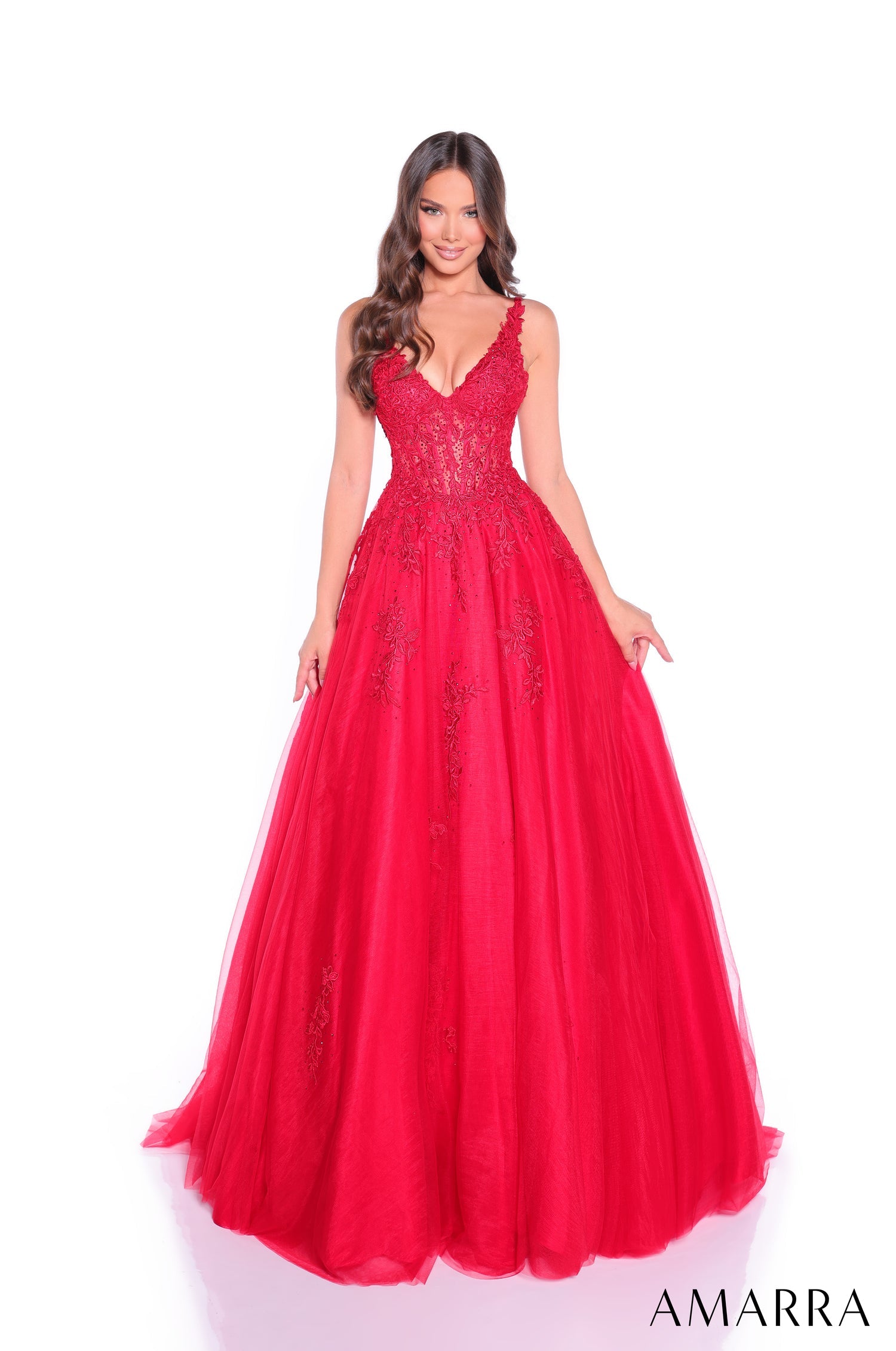 Prom Dresses Long Lace Applique Evening Ball Gown Red