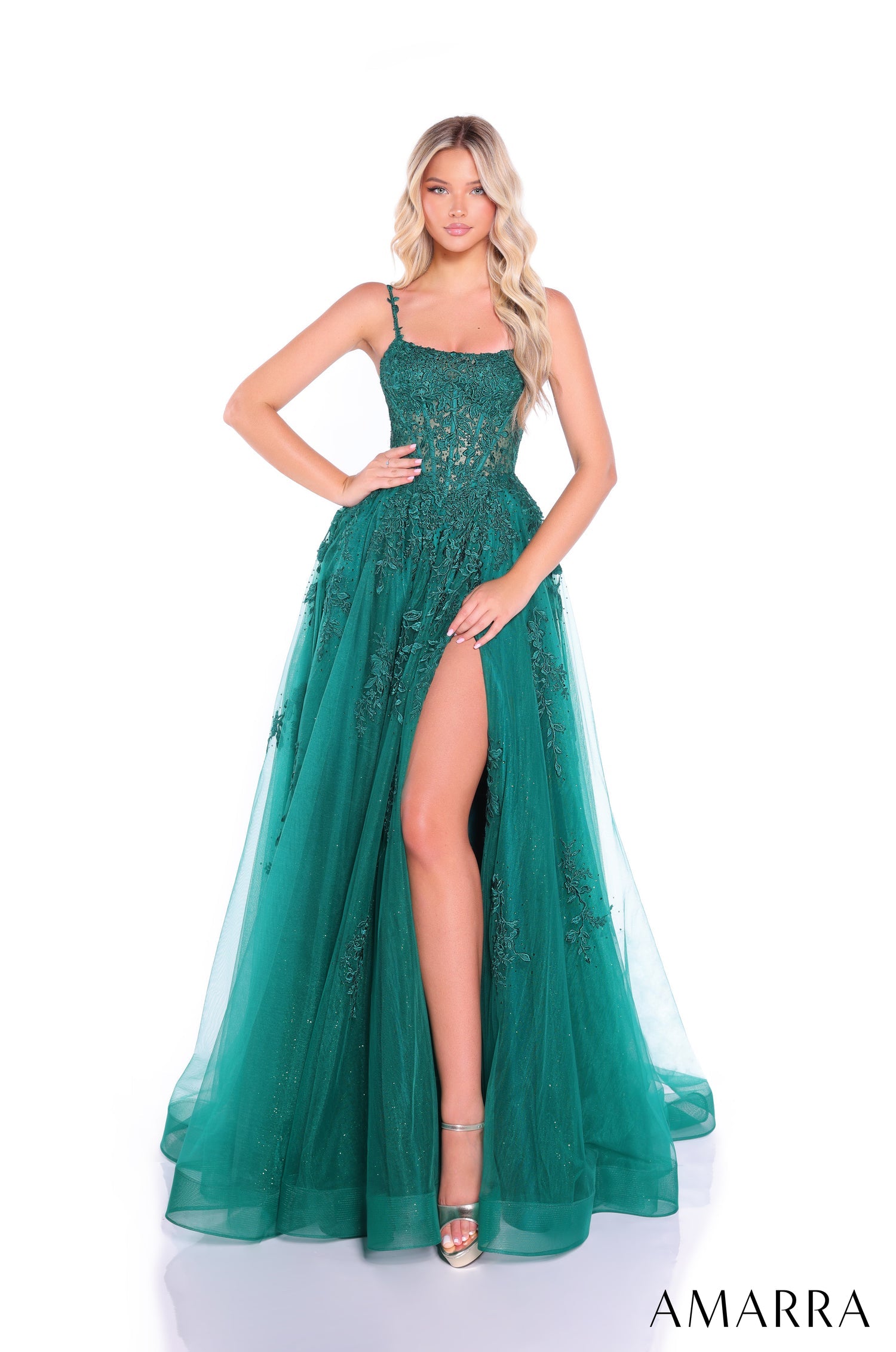 Prom Dresses Long Formal Lace Applique Corset Ball Gown Emerald