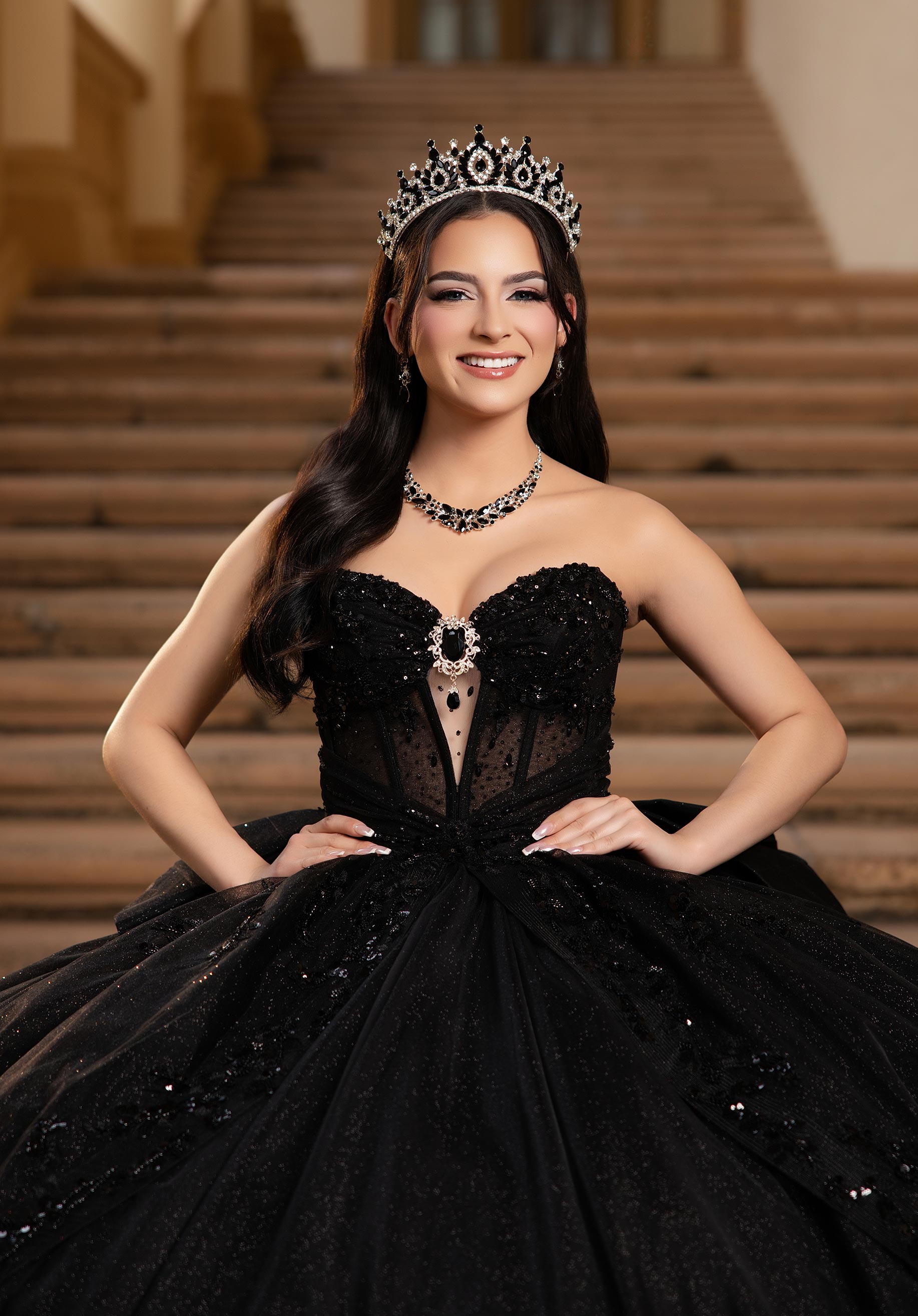Strapless Curved Neck Floor-Length Tulle Quinceañera Ball Gown MGNY Madeline Gardner New York 89561