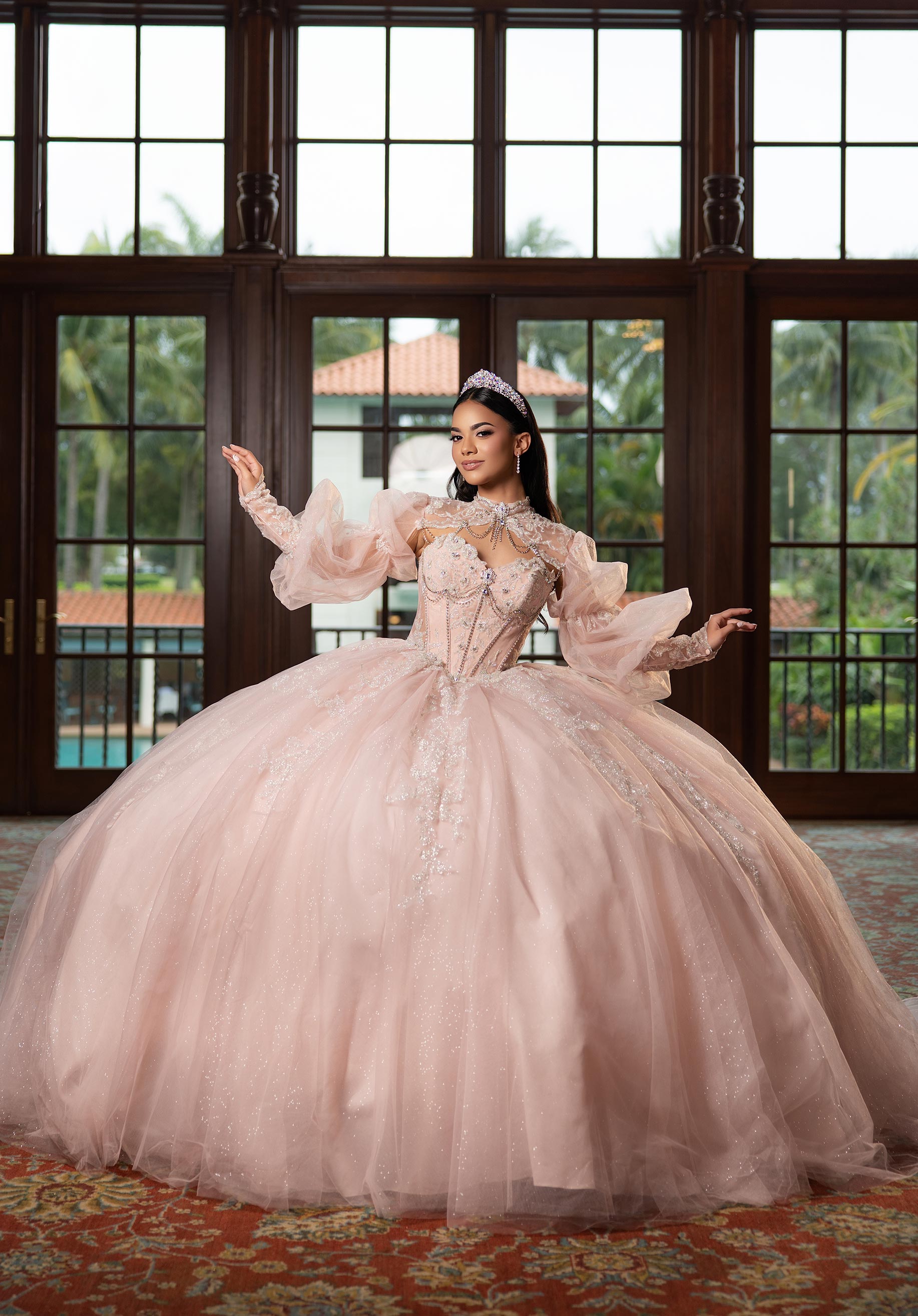 Strapless Curved Neck Floor-Length Tulle Quinceañera Ball Gown MGNY Madeline Gardner New York 89563