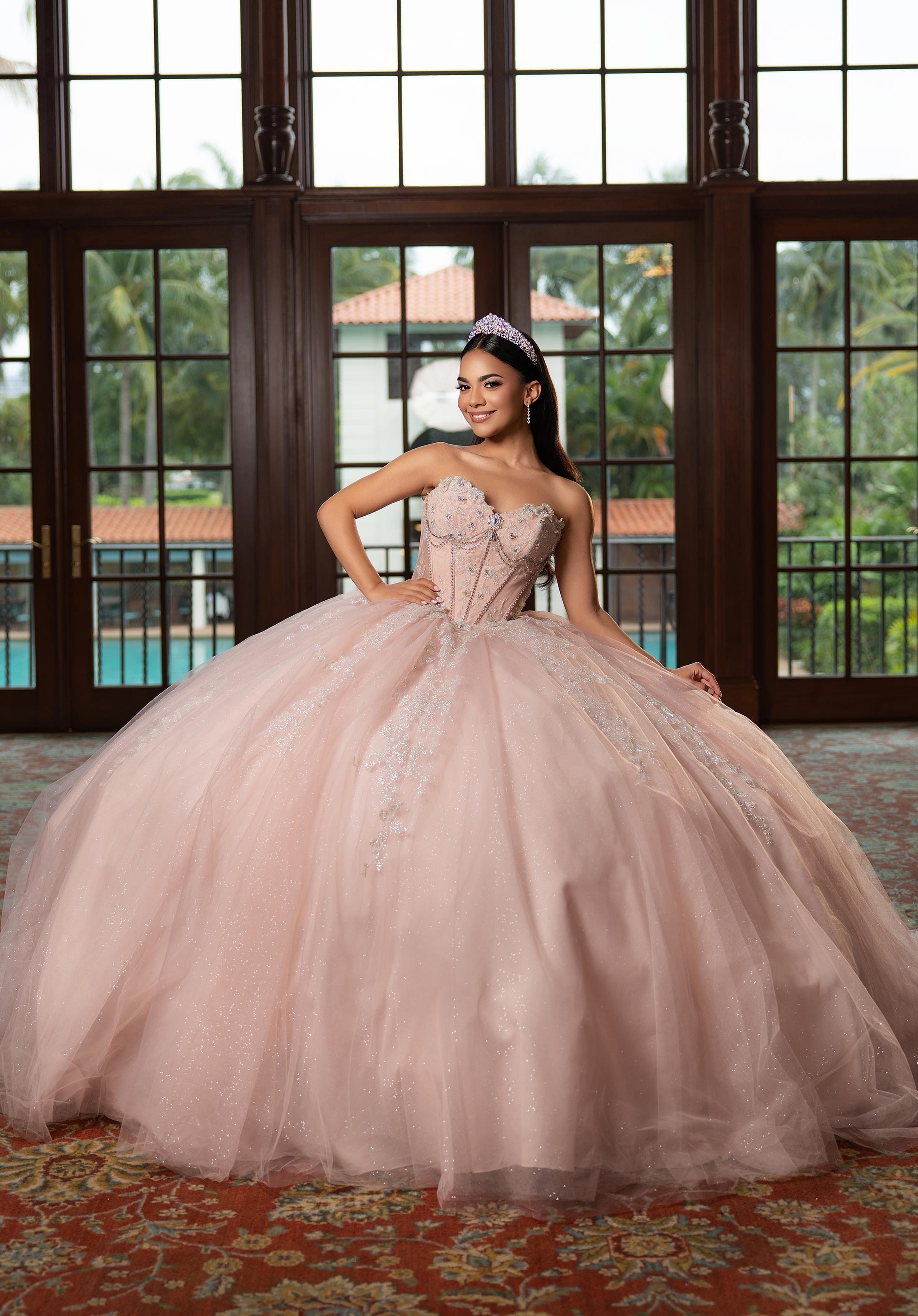 Strapless Curved Neck Floor-Length Tulle Quinceañera Ball Gown MGNY Madeline Gardner New York 89563