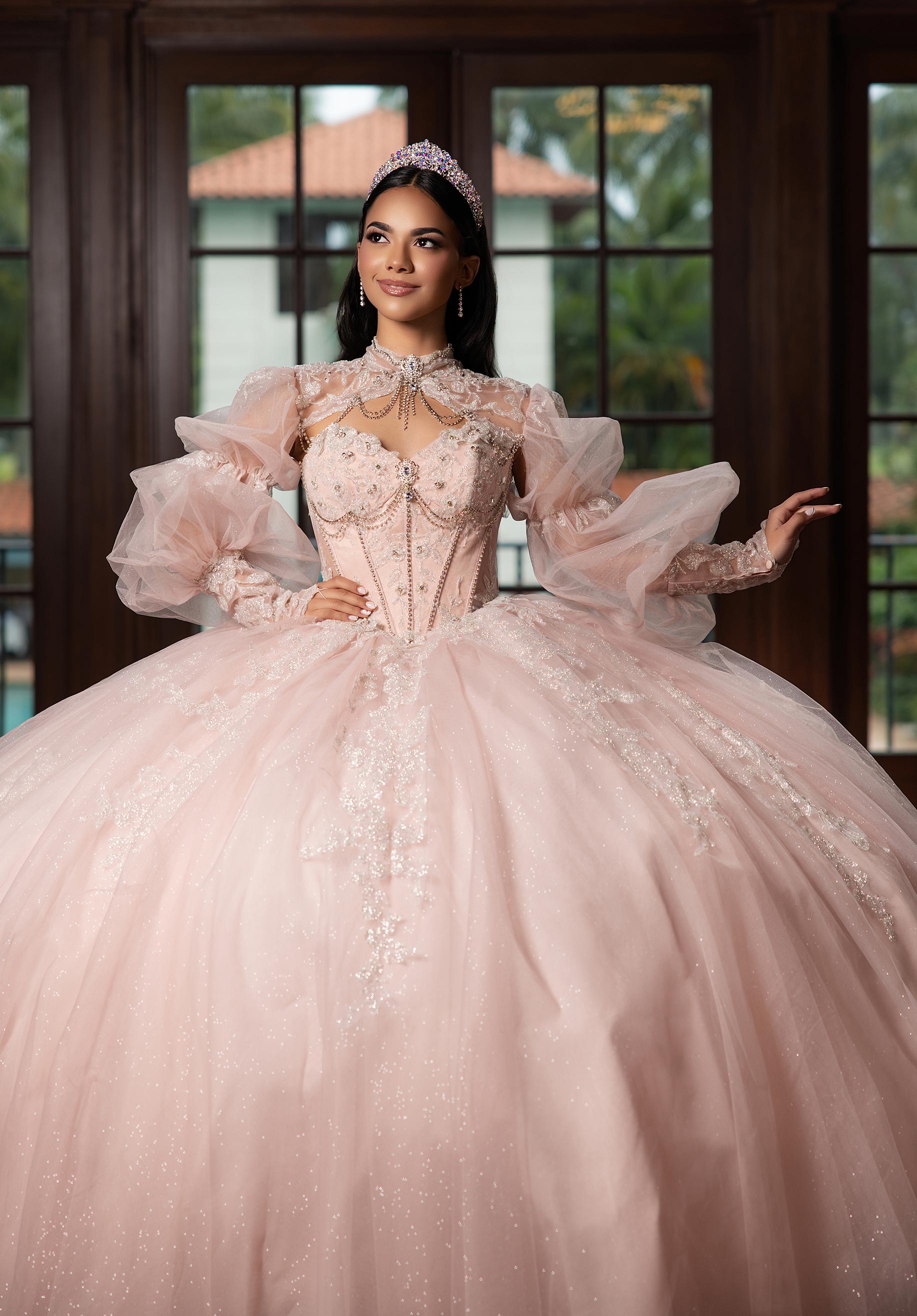 Strapless Curved Neck Floor-Length Tulle Quinceañera Ball Gown MGNY Madeline Gardner New York 89563
