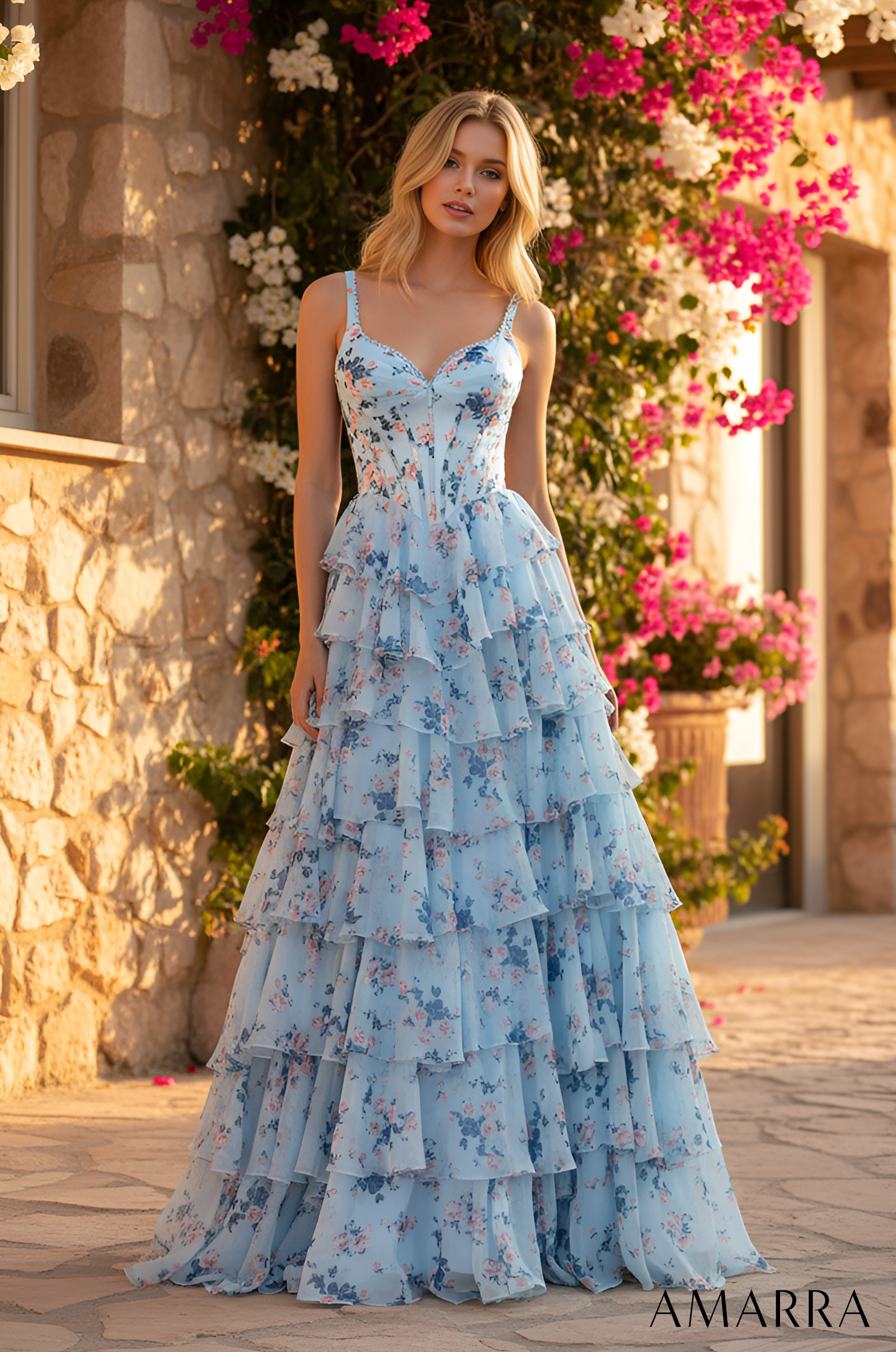 Blue/Print Sweetheart Floor Length Mesh Prom Dress with Tiered Skirt Amarra 89613