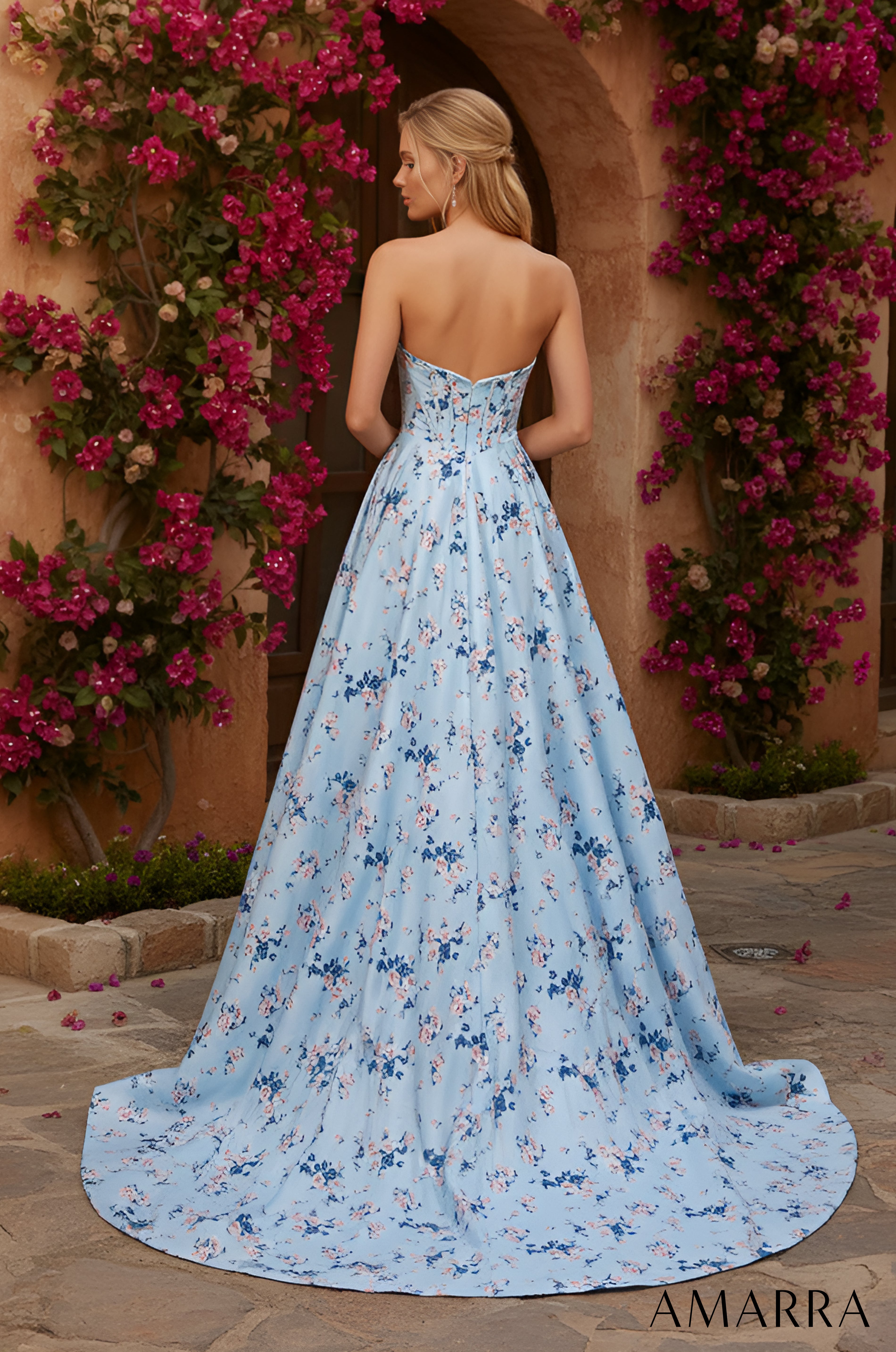 Blue/Print Sweetheart Floor Length Mikado Prom Dress with High Slit Amarra 89614