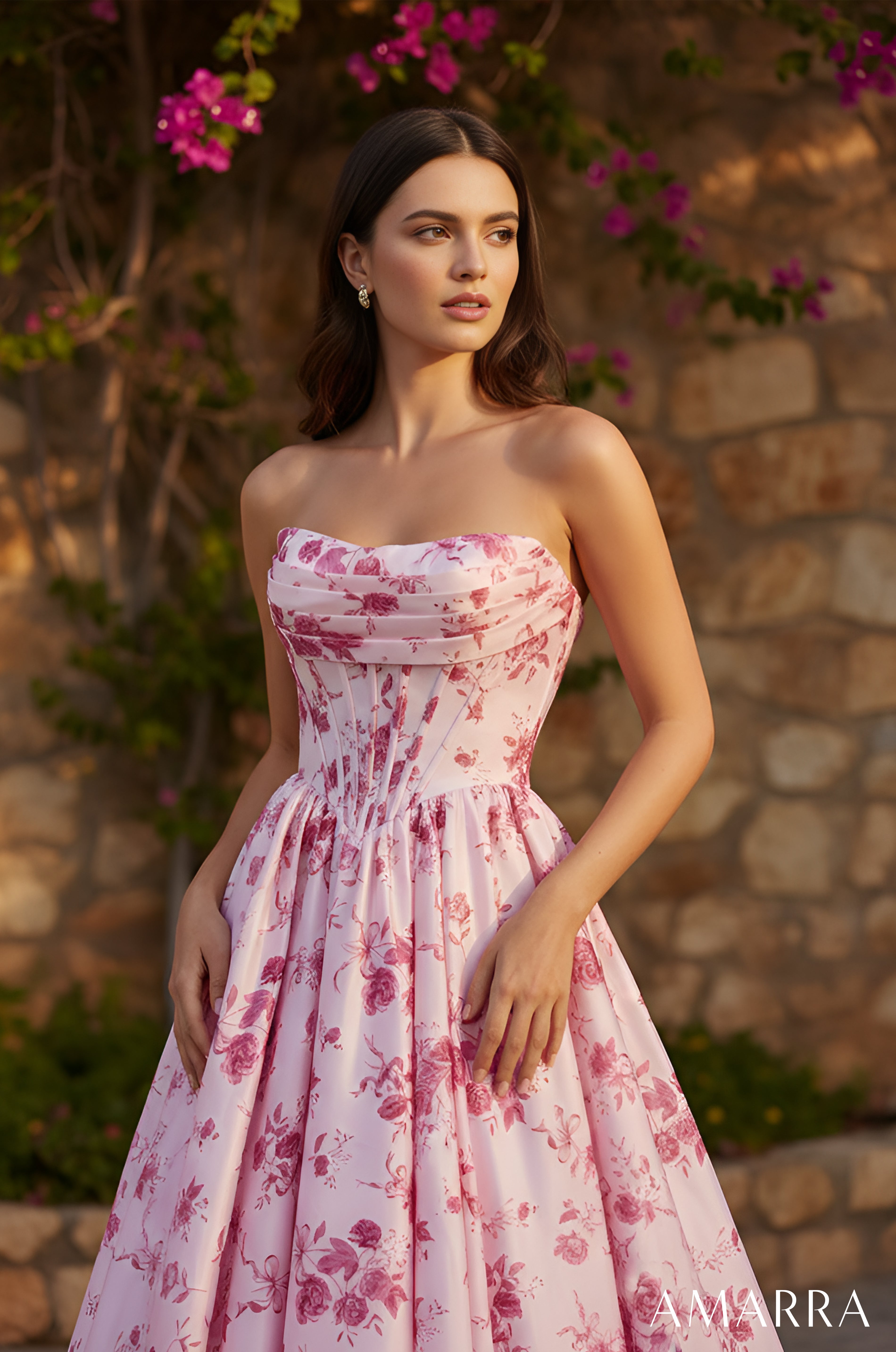 Pink/Print Sweetheart Floor Length Mikado Prom Dress with High Slit Amarra 89615