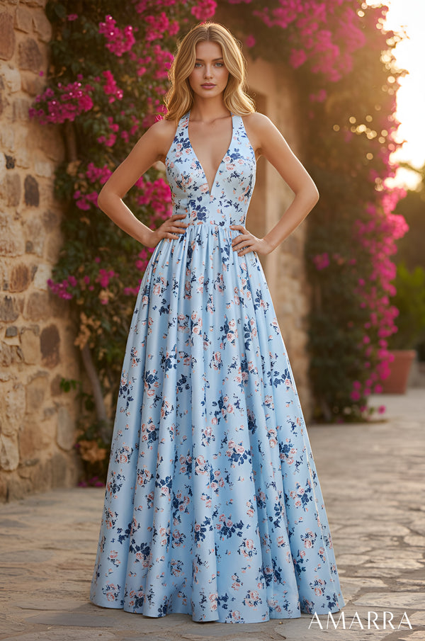 Halter Floor Length Mesh Prom Dress with Floral Print Skirt Amarra 89616