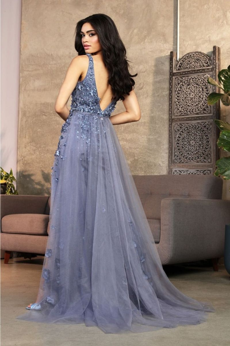 V-Neck Floor-Length Tulle Prom A-Line May Queen RQ8031