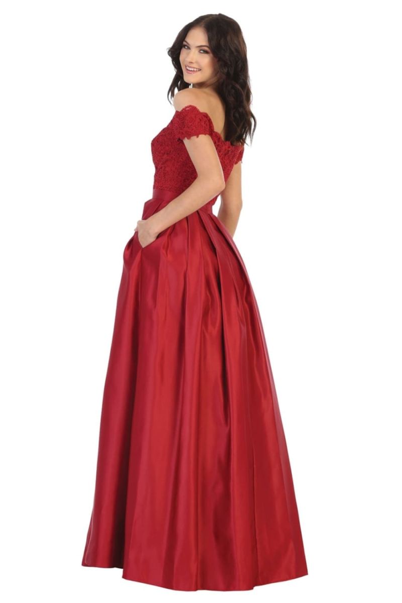 Burgundy Off-the-Shoulder Floor-Length Lace Satin Formal Dress Pockets May Queen MQ1762