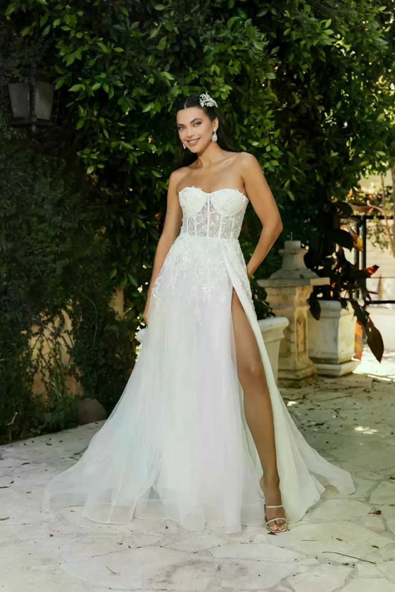 Ivory Strapless Long Corset Lace Wedding Dress High Slit May Queen RQ8135