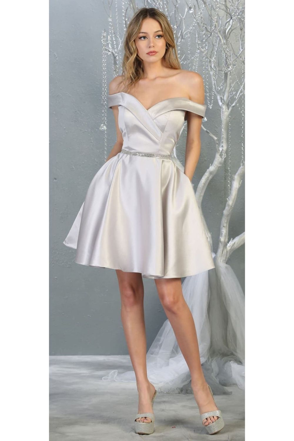 Silver Off-Shoulder Short Satin Rhinestone Homecoming Dress May Queen MQ1815