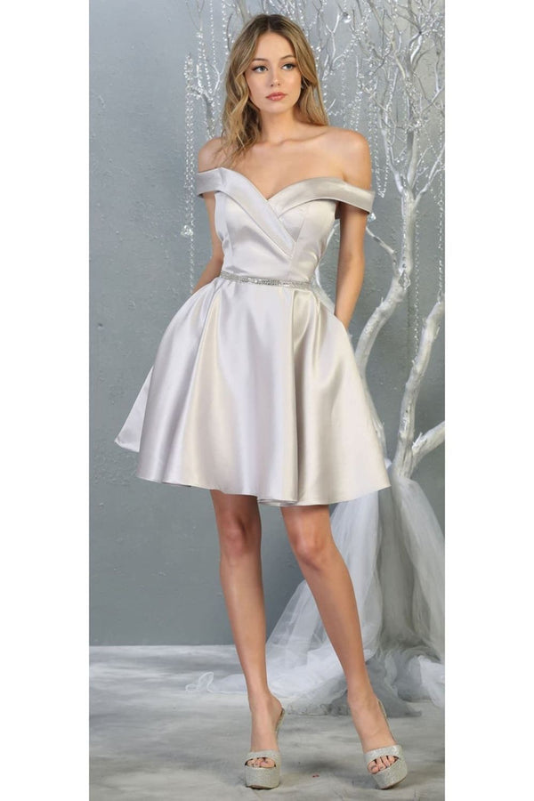 Off-Shoulder Short Satin Rhinestone Homecoming Dress May Queen MQ1815