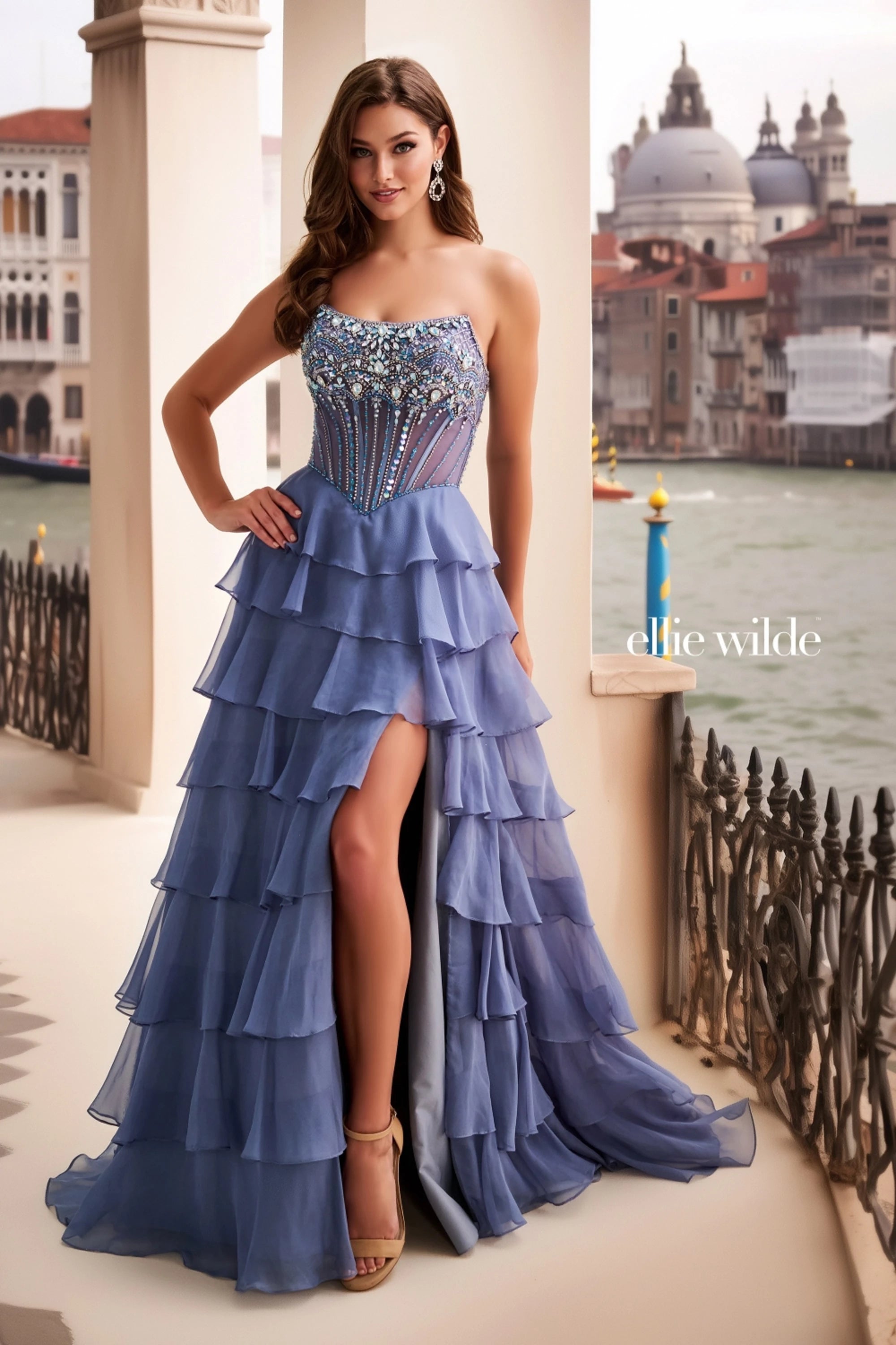 Prom Dresses Beaded Long Formal Ruffle Prom Dress Slate