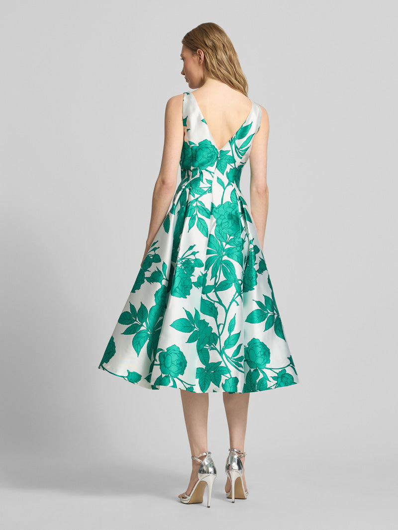 Ivory Green Adrianna Papell AP1E213256 Boat Neck Midi Satin Cocktail Floral Dress