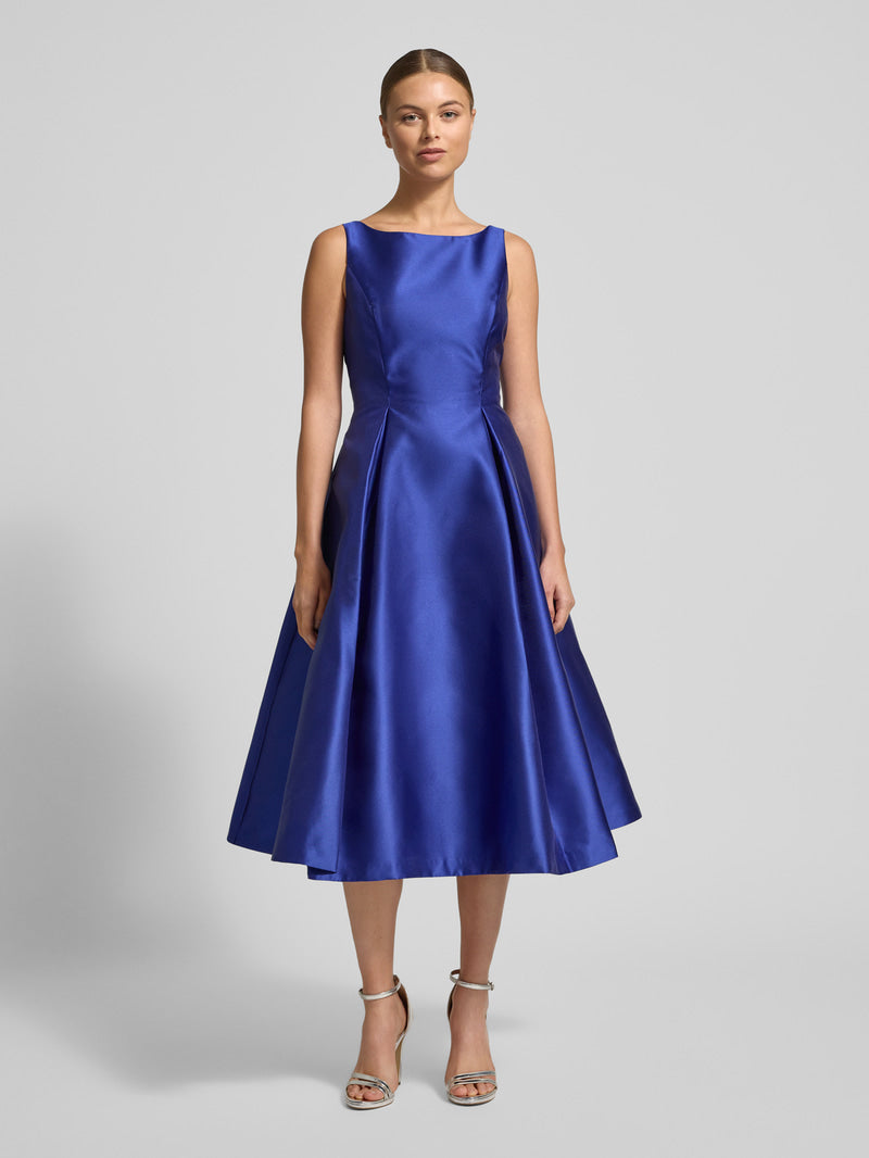 Bateau Midi Length Satin Twill Wedding Guest Dress with Pleated A Line Skirt and Pockets Adrianna Papell 41899070