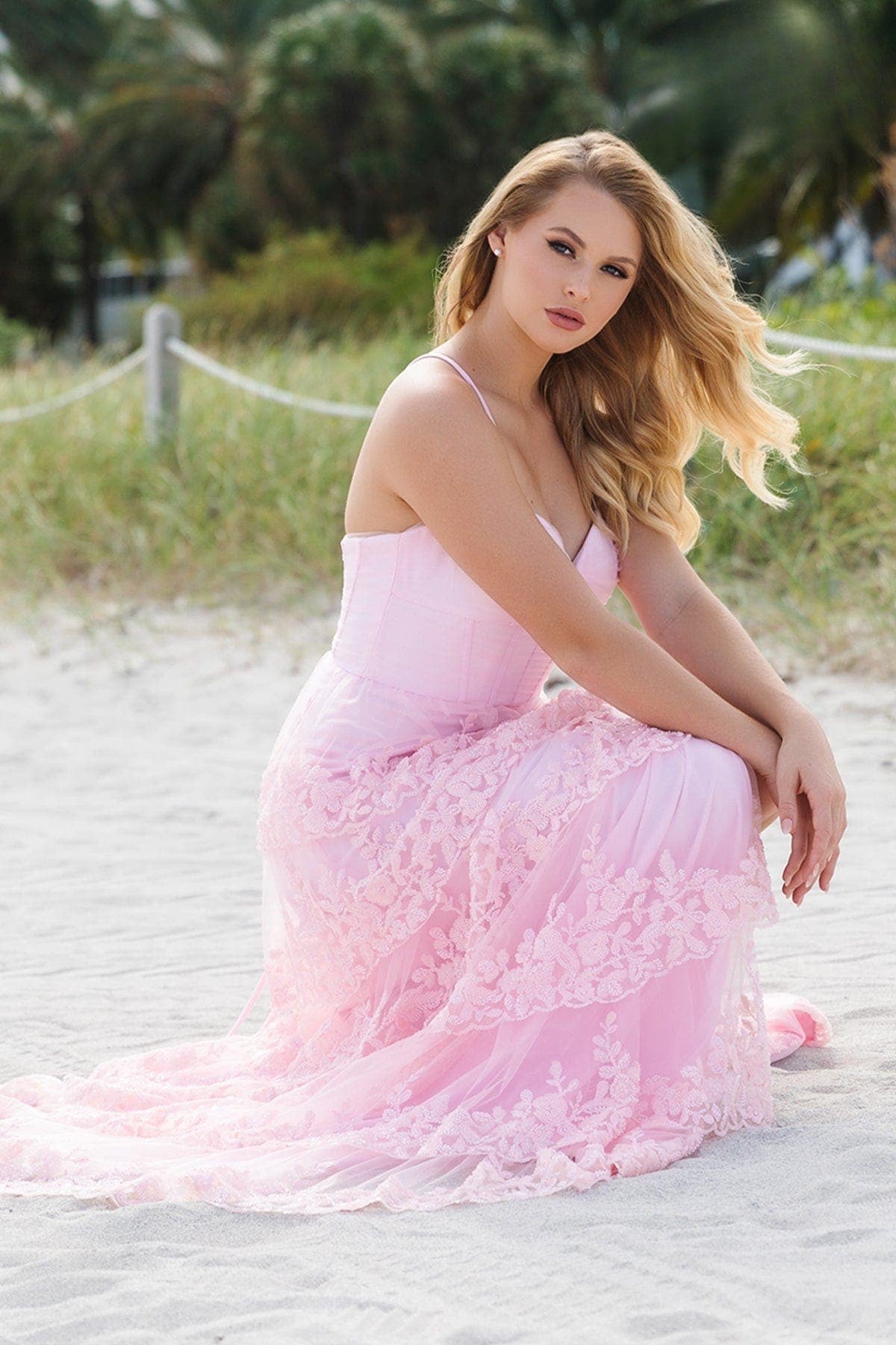 Prom Dresses Long Beaded Formal Tiered Slit Prom Dress Light Pink