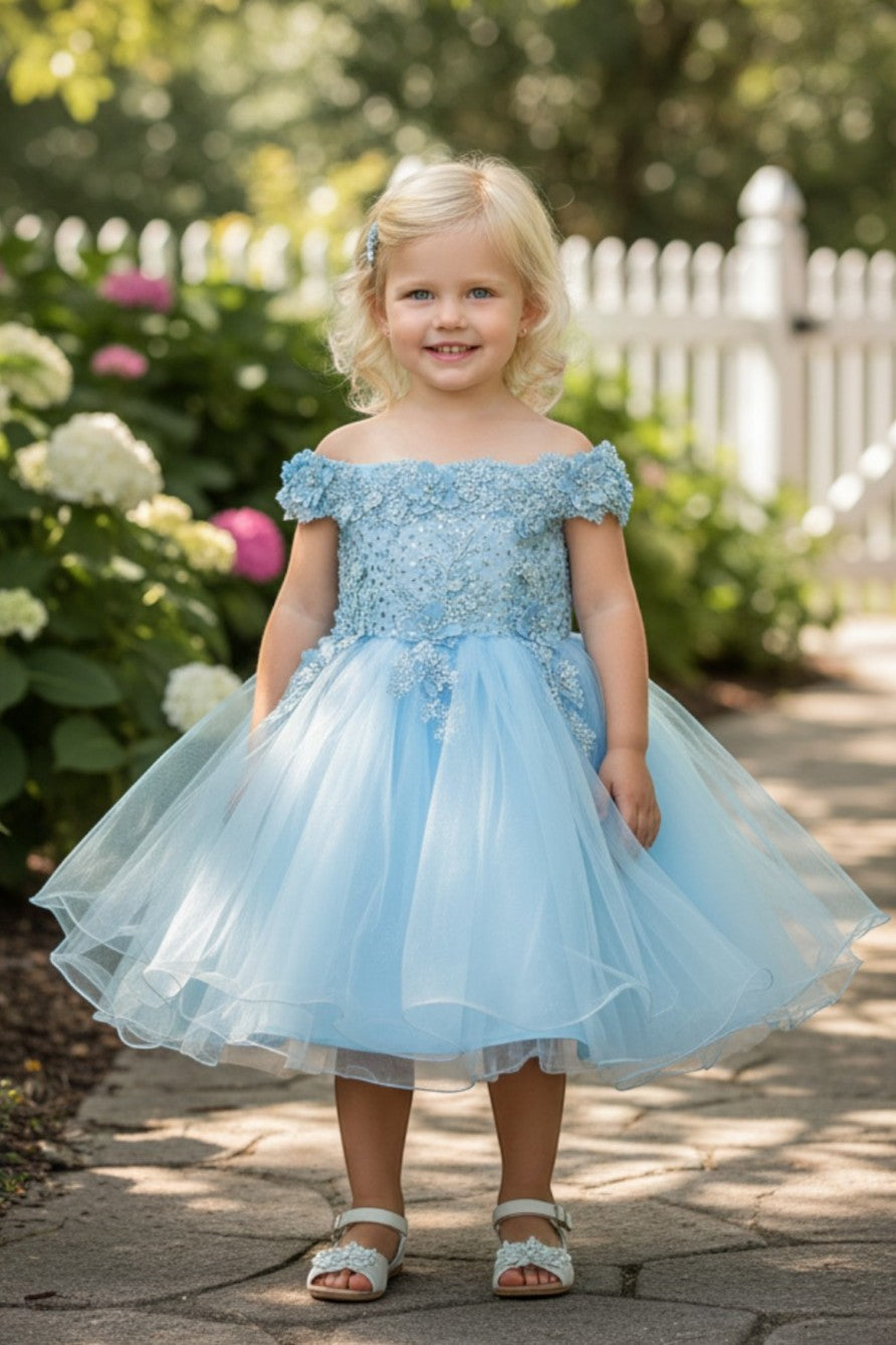 Off-the-Shoulder Knee-Length Tulle Flower Girl Ball Gown Cinderella Couture 9085B