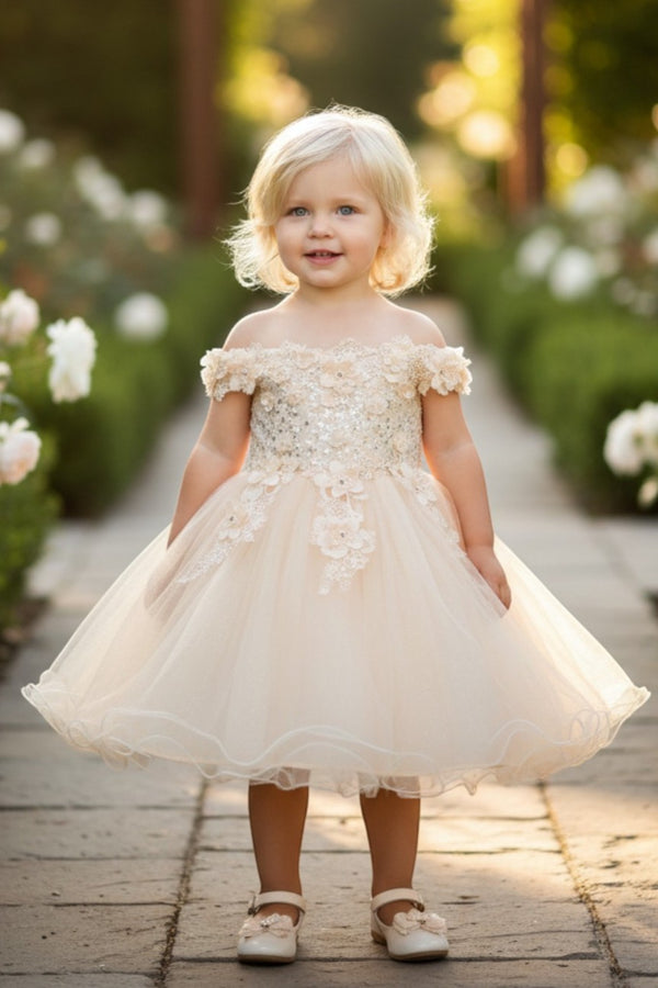 Off-the-Shoulder Knee-Length Tulle Flower Girl Ball Gown Cinderella Couture 9085B