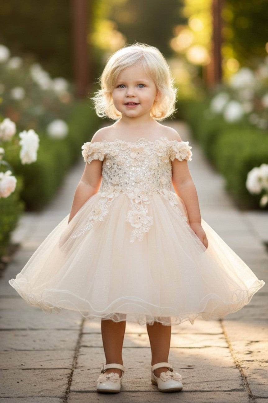 Off-the-Shoulder Knee-Length Tulle Flower Girl Ball Gown Cinderella Couture 9085B