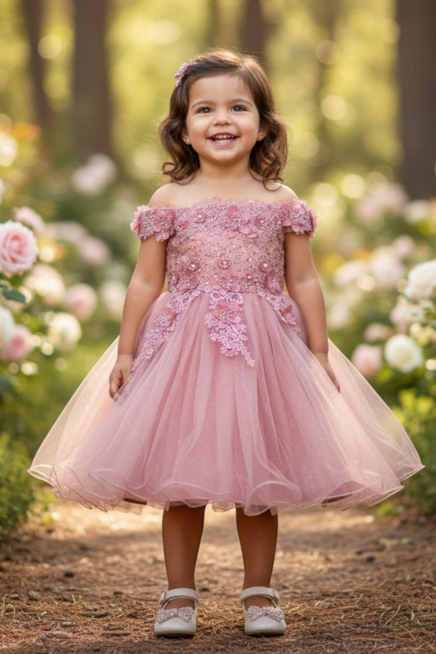Off-the-Shoulder Knee-Length Tulle Flower Girl Ball Gown Cinderella Couture 9085B