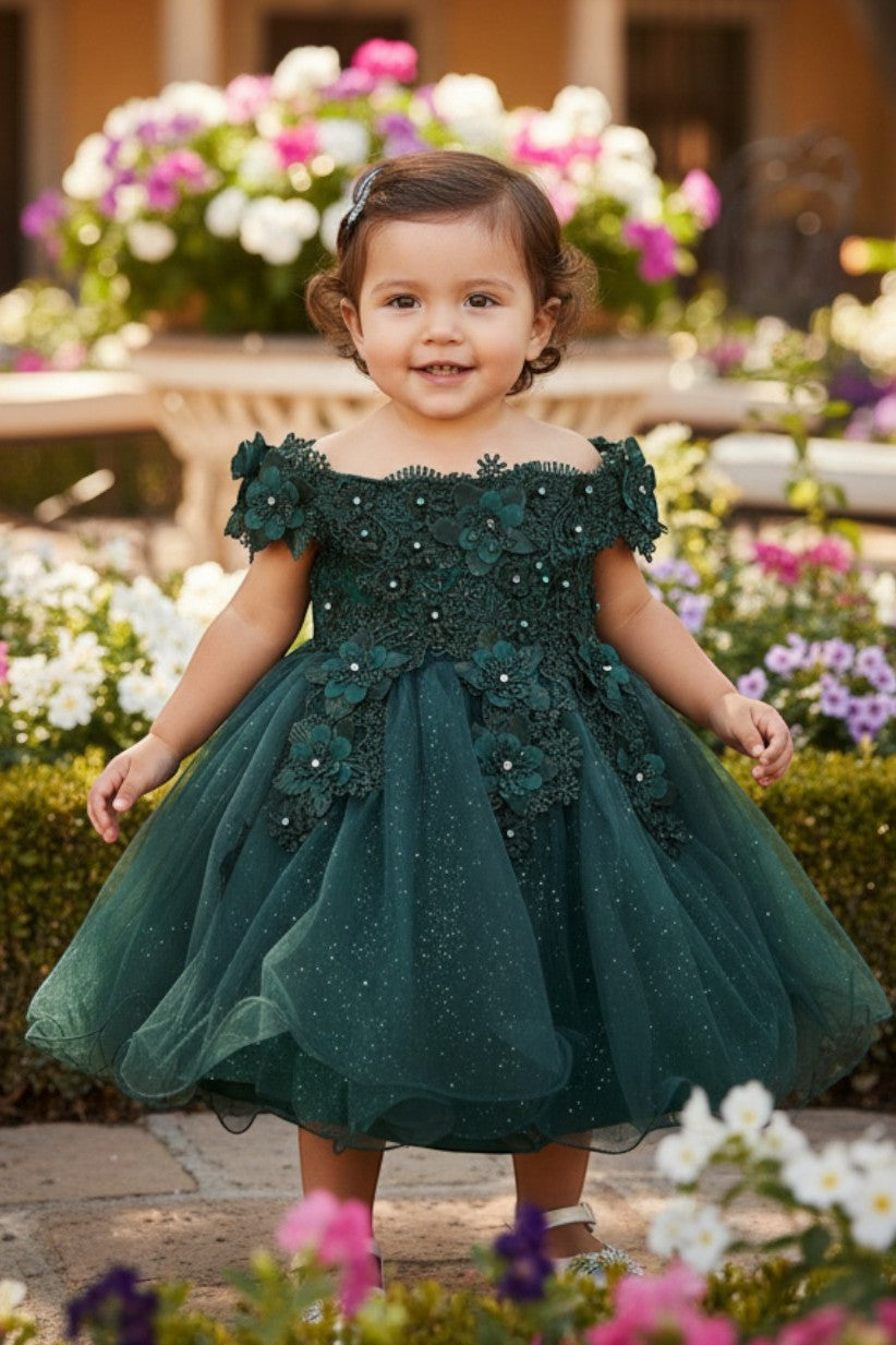 Off-the-Shoulder Knee-Length Tulle Flower Girl Ball Gown Cinderella Couture 9085B
