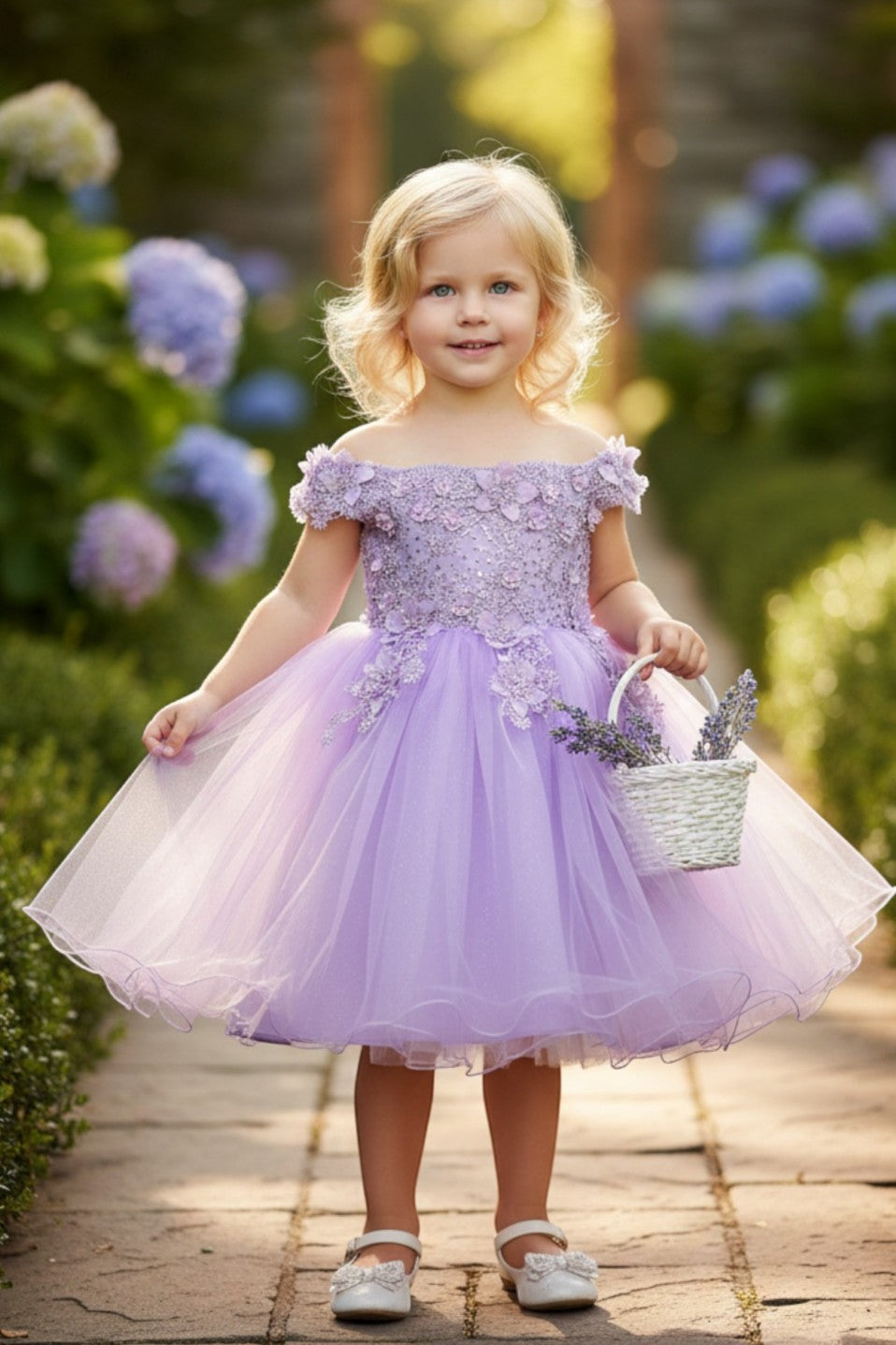 Off-the-Shoulder Knee-Length Tulle Flower Girl Ball Gown Cinderella Couture 9085B