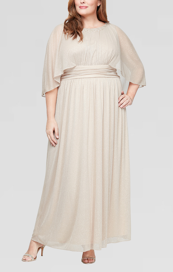 SL Fashions 9433253 Long Formal Plus Size Glitter Capelet Dress