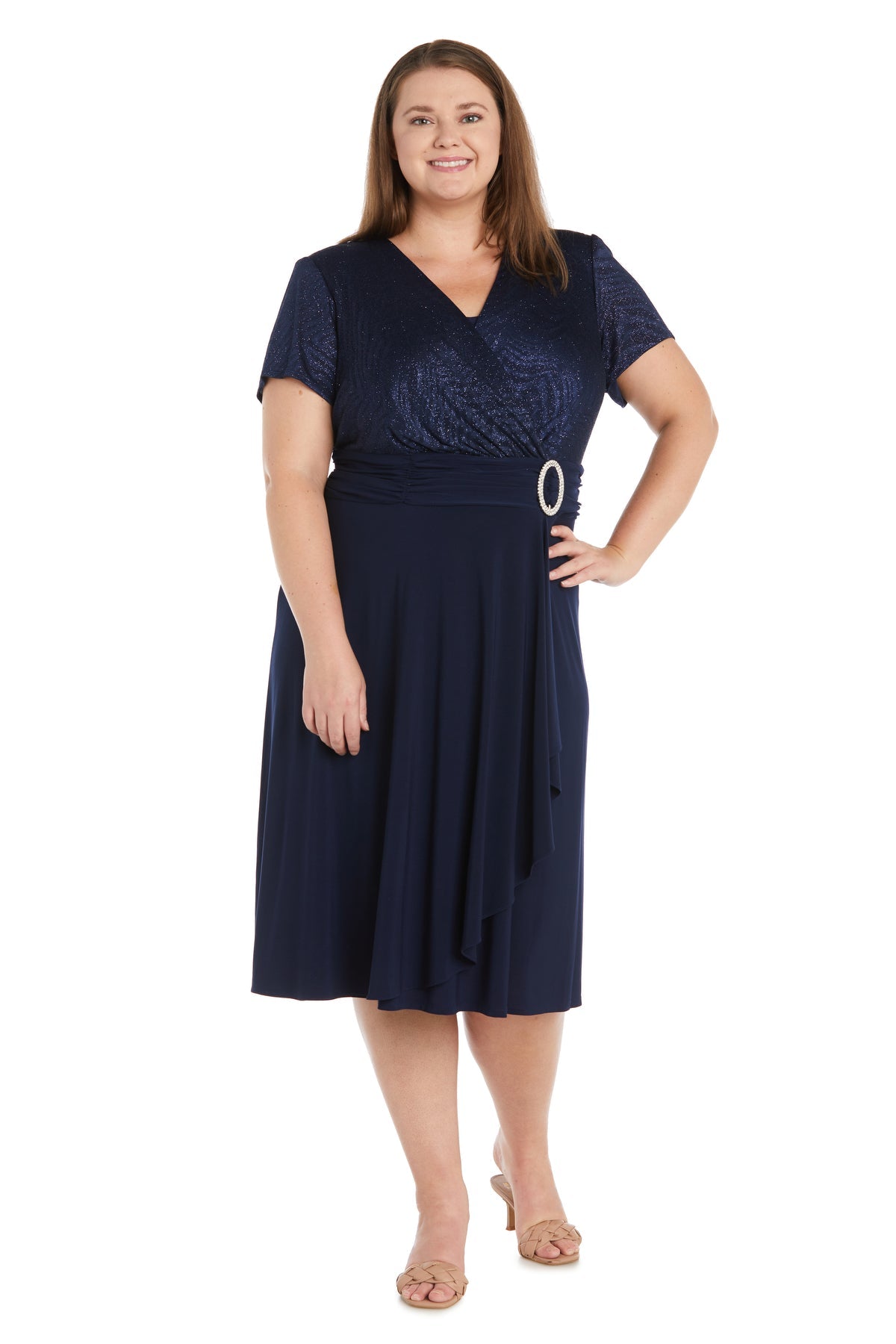 Cascade Wrap Dress with Waist Sash - Plus Navy / 14W By R&M Richards Cascade Wrap Dress with Waist Sash - Plus Navy / 14W By R&M Richards