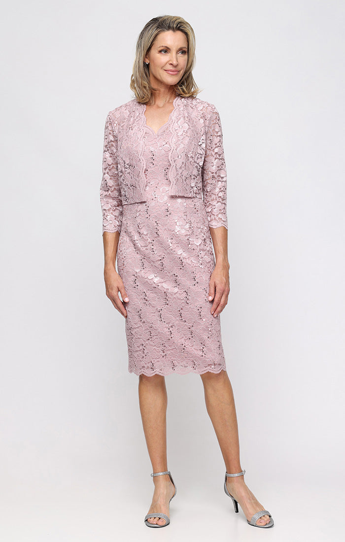 Blush V-Neck Knee-Length Lace Formal Dress with Bolero Jacket and Scalloped SL Fashions 9213128 Blush