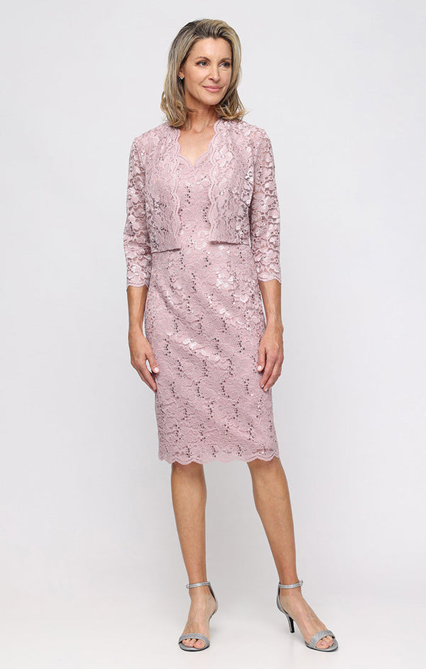 V-Neck Knee-Length Lace Formal Dress with Bolero Jacket and Scalloped SL Fashions 9213128