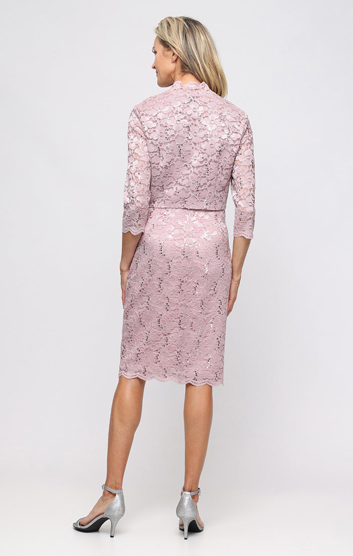 Blush V-Neck Knee-Length Lace Formal Dress with Bolero Jacket and Scalloped SL Fashions 9213128 Blush
