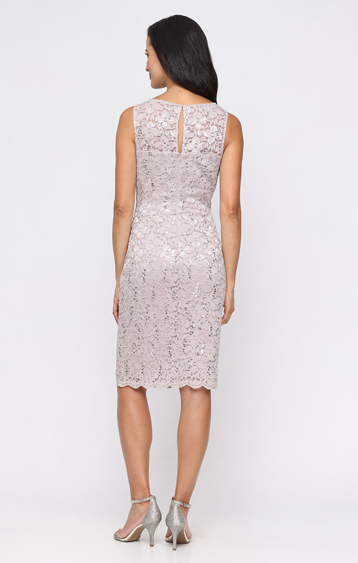 Cocktail Dresses V-Neck Knee-Length Lace Formal Dress with Bolero Jacket and Scalloped SL Fashions 9213128 Buff