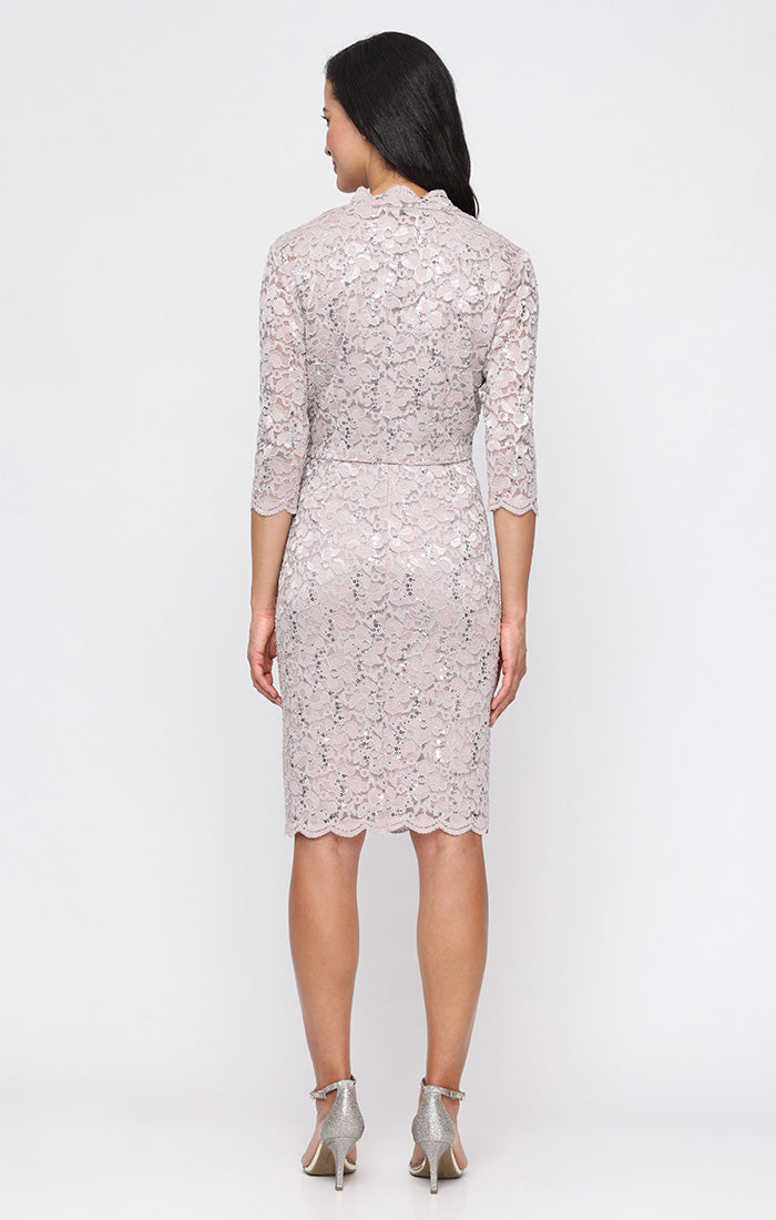Cocktail Dresses V-Neck Knee-Length Lace Formal Dress with Bolero Jacket and Scalloped SL Fashions 9213128 Buff