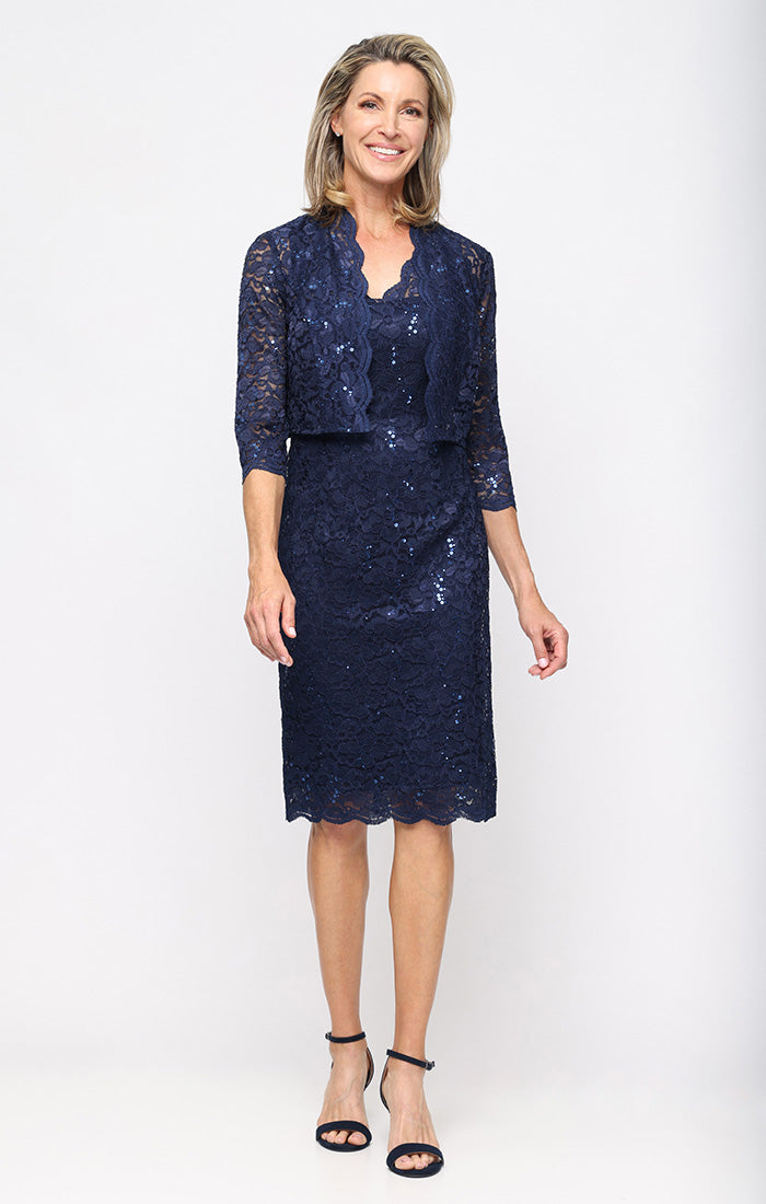 Cocktail Dresses V-Neck Knee-Length Lace Formal Dress with Bolero Jacket and Scalloped SL Fashions 9213128 Navy