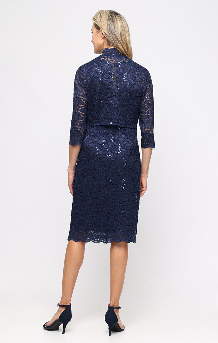 Cocktail Dresses V-Neck Knee-Length Lace Formal Dress with Bolero Jacket and Scalloped SL Fashions 9213128 Navy