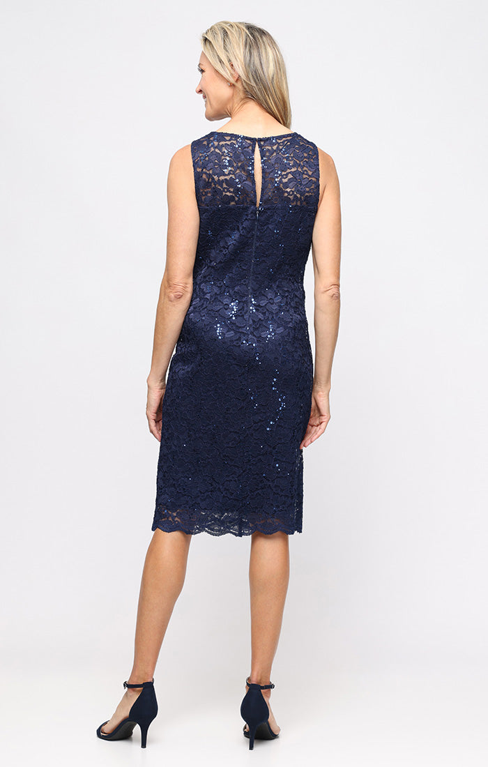 Cocktail Dresses V-Neck Knee-Length Lace Formal Dress with Bolero Jacket and Scalloped SL Fashions 9213128 Navy