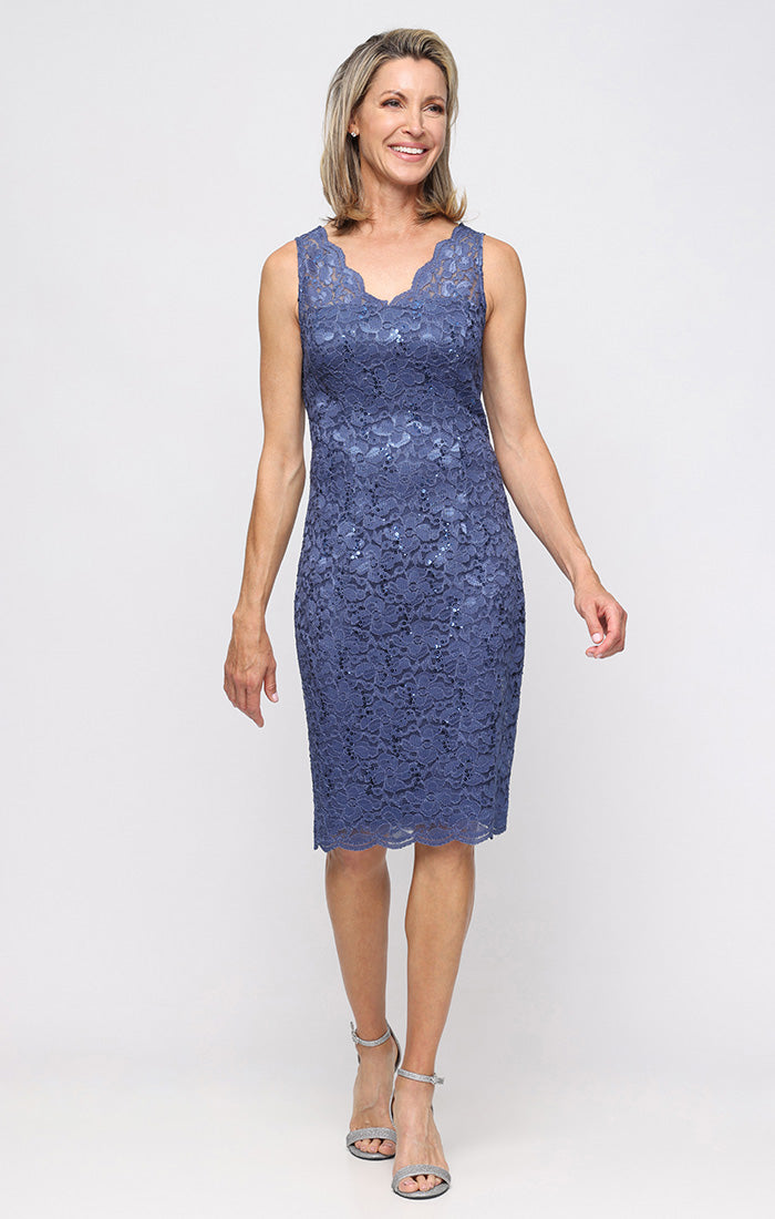 Cocktail Dresses V-Neck Knee-Length Lace Formal Dress with Bolero Jacket and Scalloped SL Fashions 9213128 Wedgewood