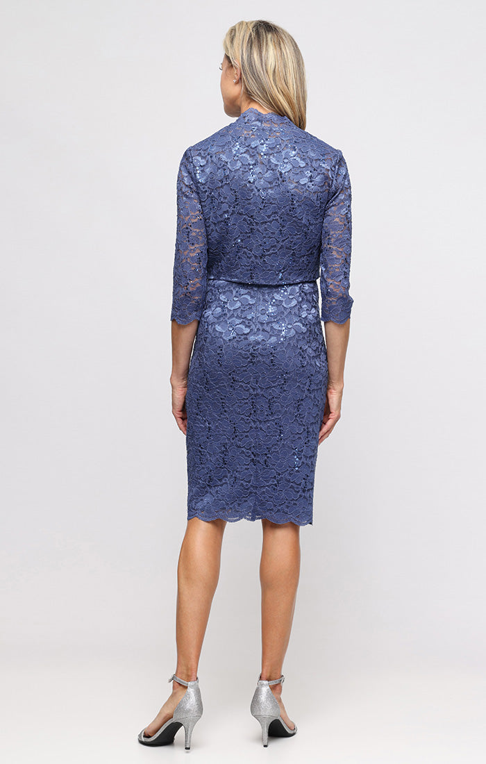 Cocktail Dresses V-Neck Knee-Length Lace Formal Dress with Bolero Jacket and Scalloped SL Fashions 9213128 Wedgewood