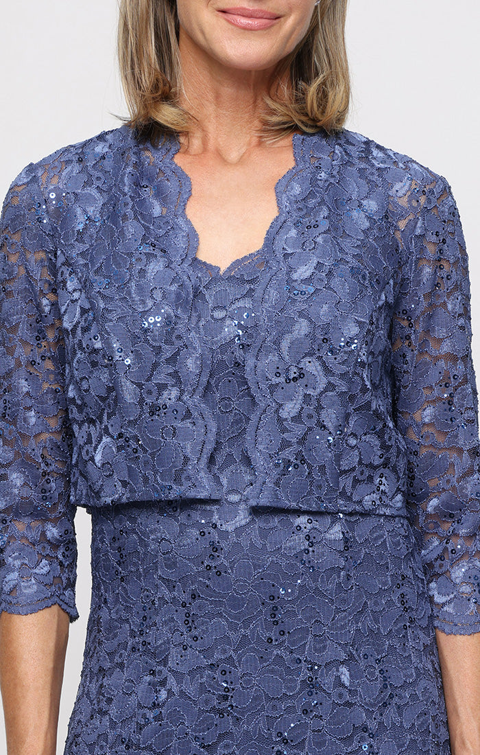 Cocktail Dresses V-Neck Knee-Length Lace Formal Dress with Bolero Jacket and Scalloped SL Fashions 9213128 Wedgewood